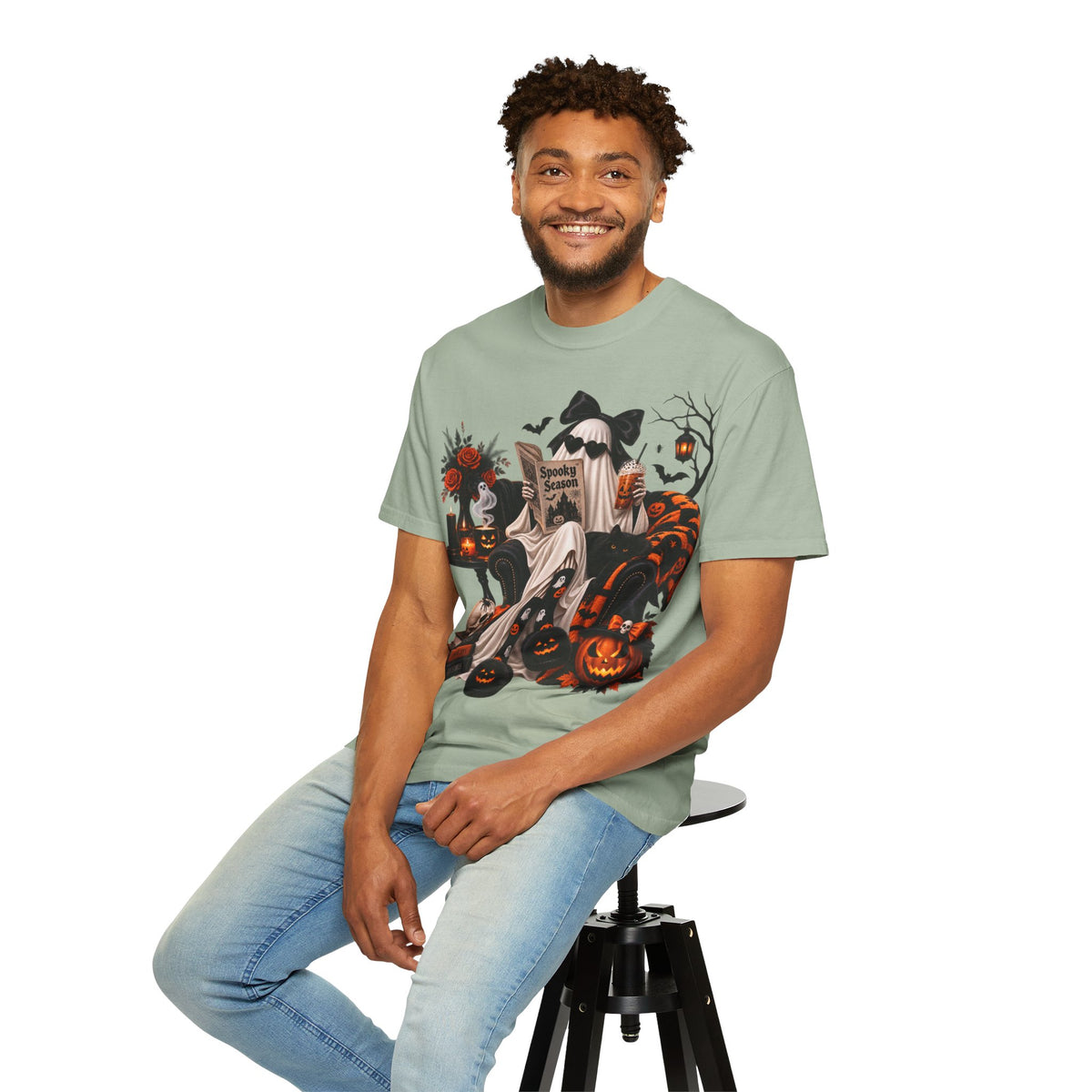 Halloween Ghost Reading T-Shirt — Spooky Pumpkin & 'Spooky Season' Graphic