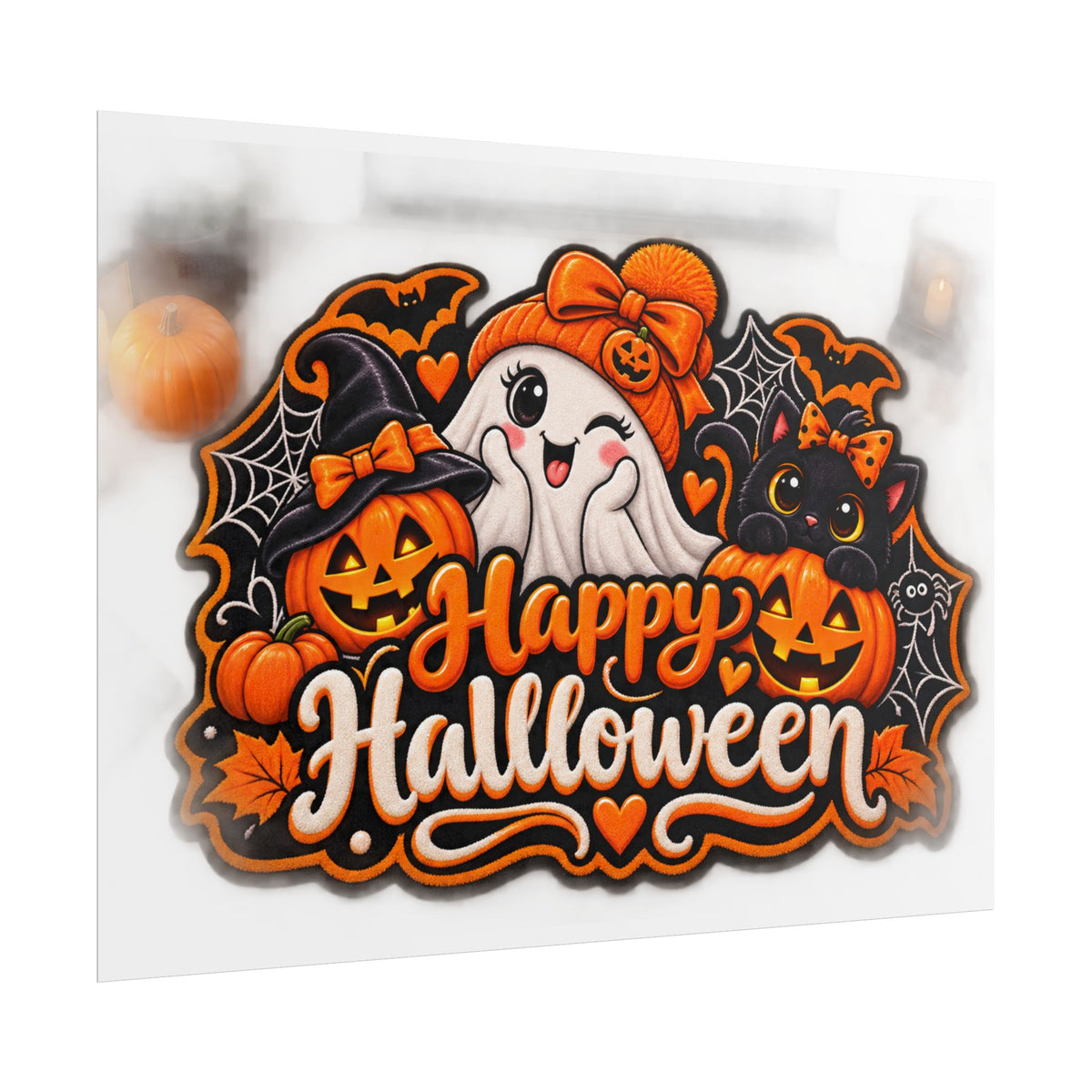 Happy Halloween Rolled Poster — Cute Ghost, Pumpkins & Black Cat Halloween Wall Art