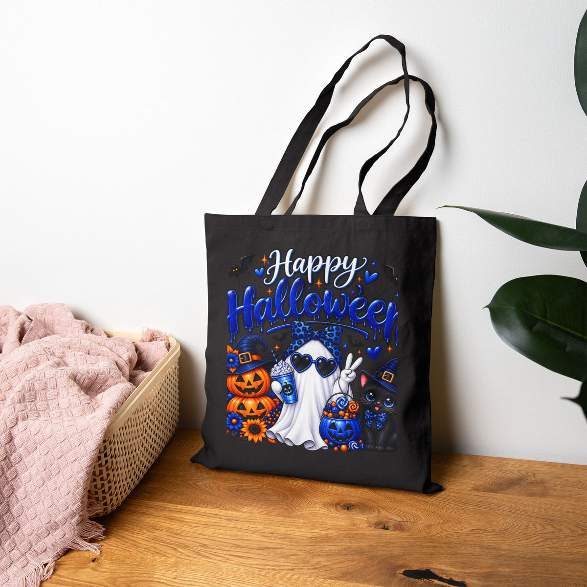 Halloween Ghost & Cats Cotton Tote Bag — "Happy Halloween" Trick-or-Treat Canvas Shopper