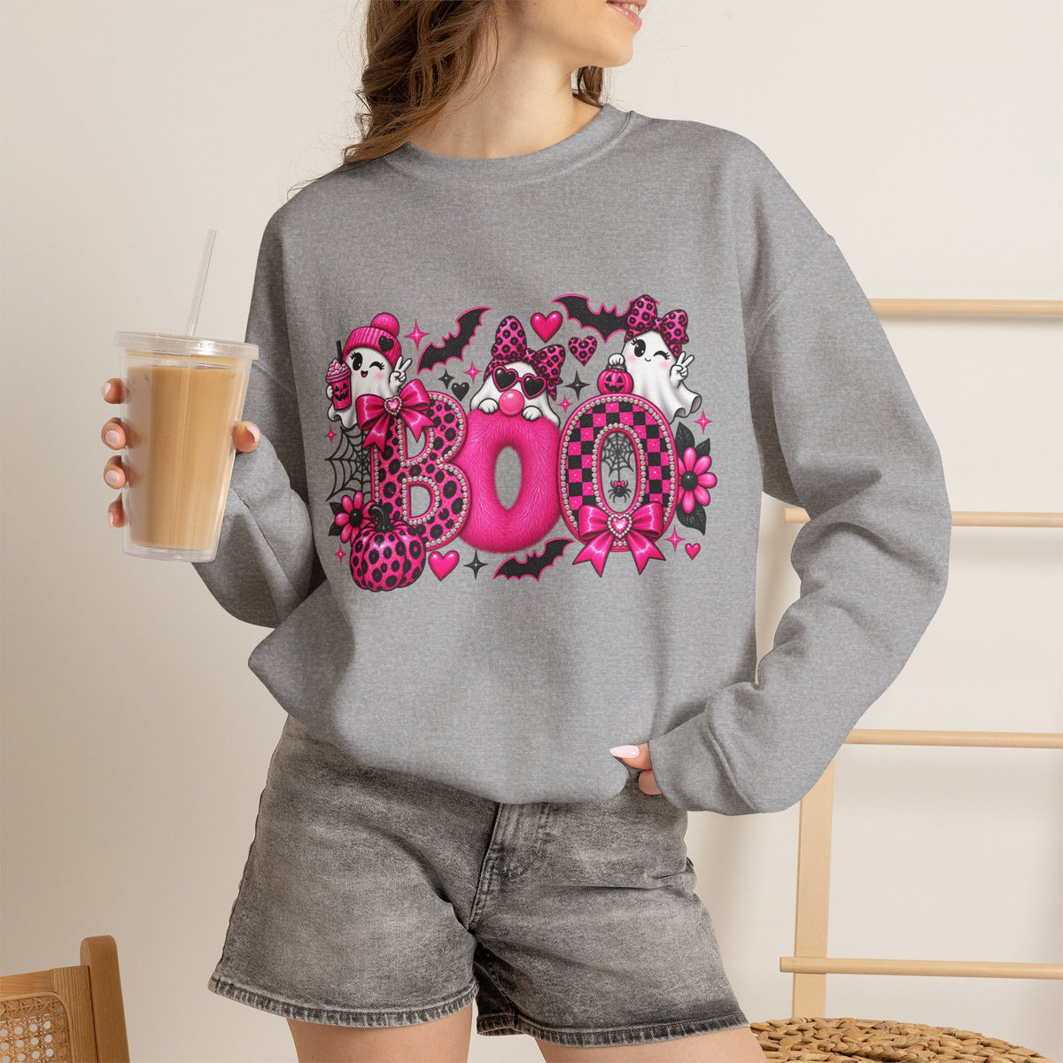 Halloween 'Boo' Graphic Sweatshirt — Cute Pink Ghosts & Bats Cozy Pullover