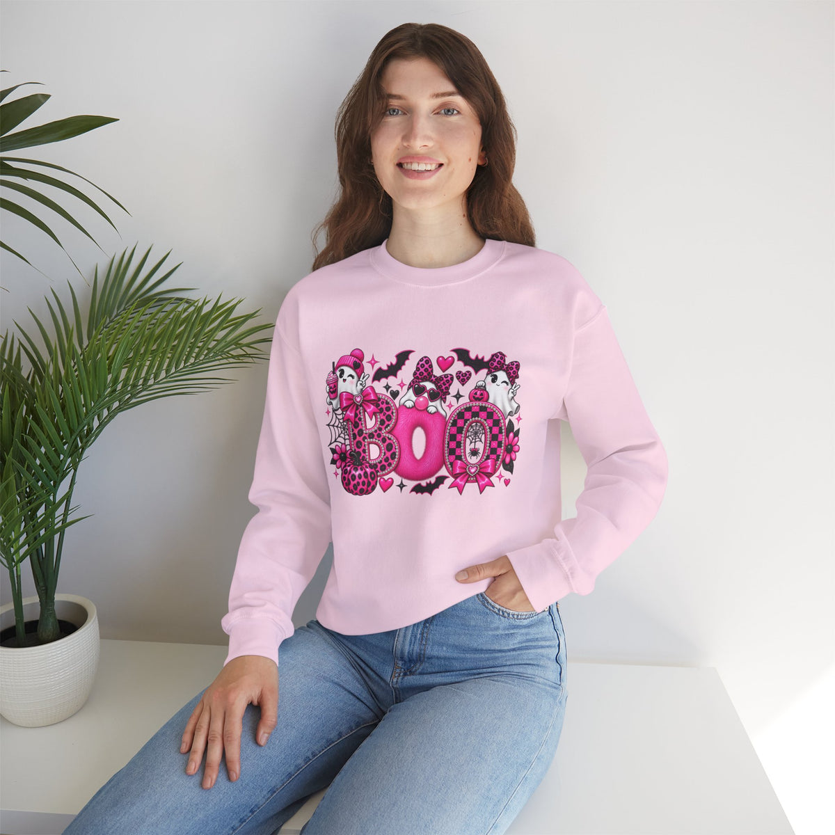 Halloween 'Boo' Graphic Sweatshirt — Cute Pink Ghosts & Bats Cozy Pullover