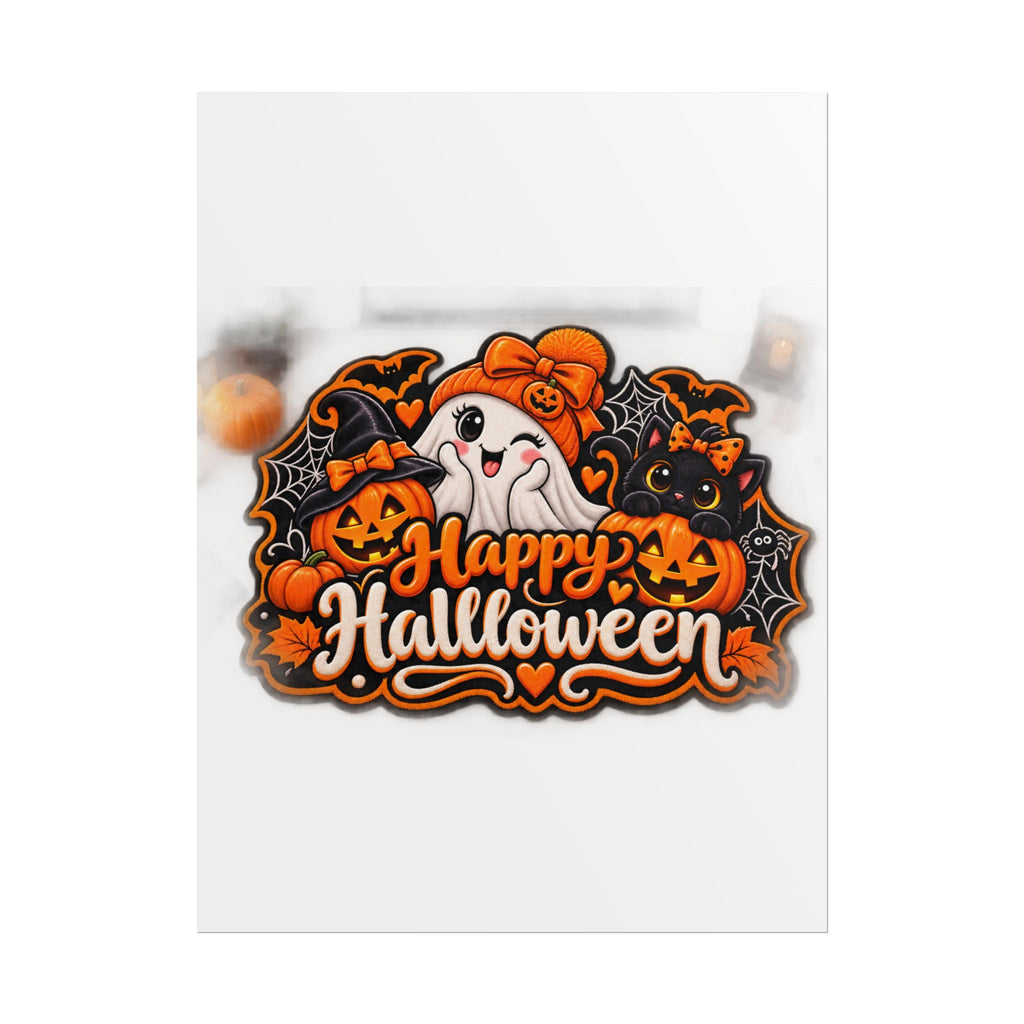 Happy Halloween Rolled Poster — Cute Ghost, Pumpkins & Black Cat Halloween Wall Art