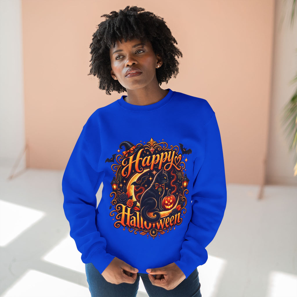 Happy Halloween Crewneck Sweatshirt — Festive Pumpkin & Witch Hat Holiday Sweater