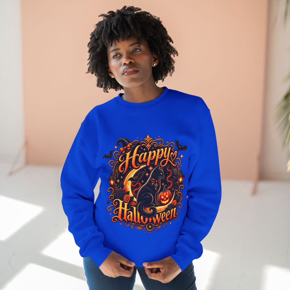 Happy Halloween Crewneck Sweatshirt — Festive Pumpkin & Witch Hat Holiday Sweater
