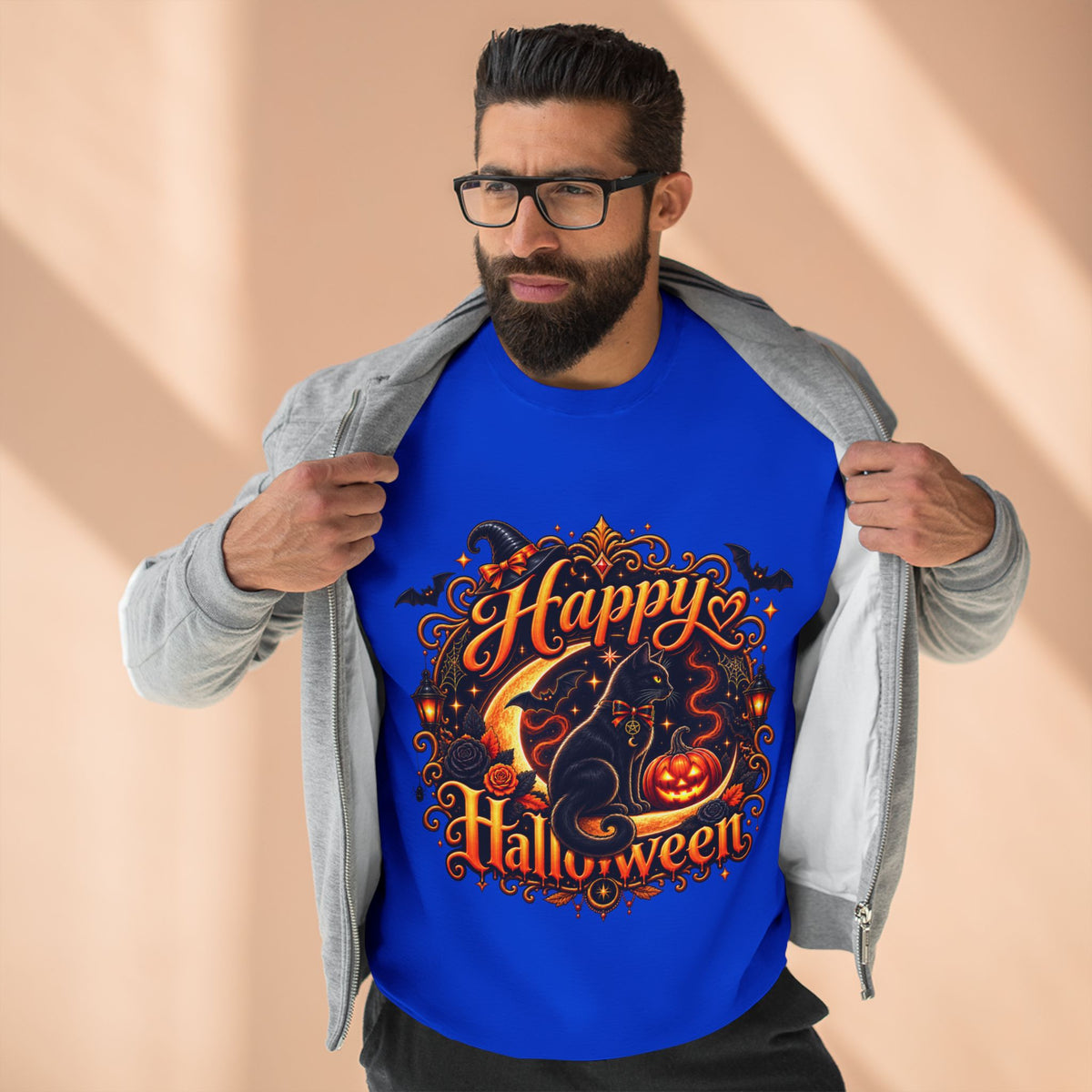 Happy Halloween Crewneck Sweatshirt — Festive Pumpkin & Witch Hat Holiday Sweater