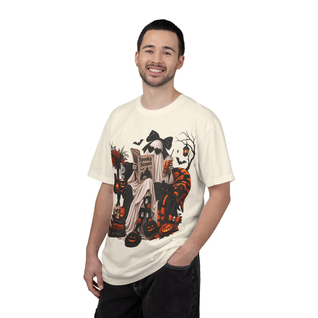Halloween Ghost Reading T-Shirt — Spooky Pumpkin & 'Spooky Season' Graphic