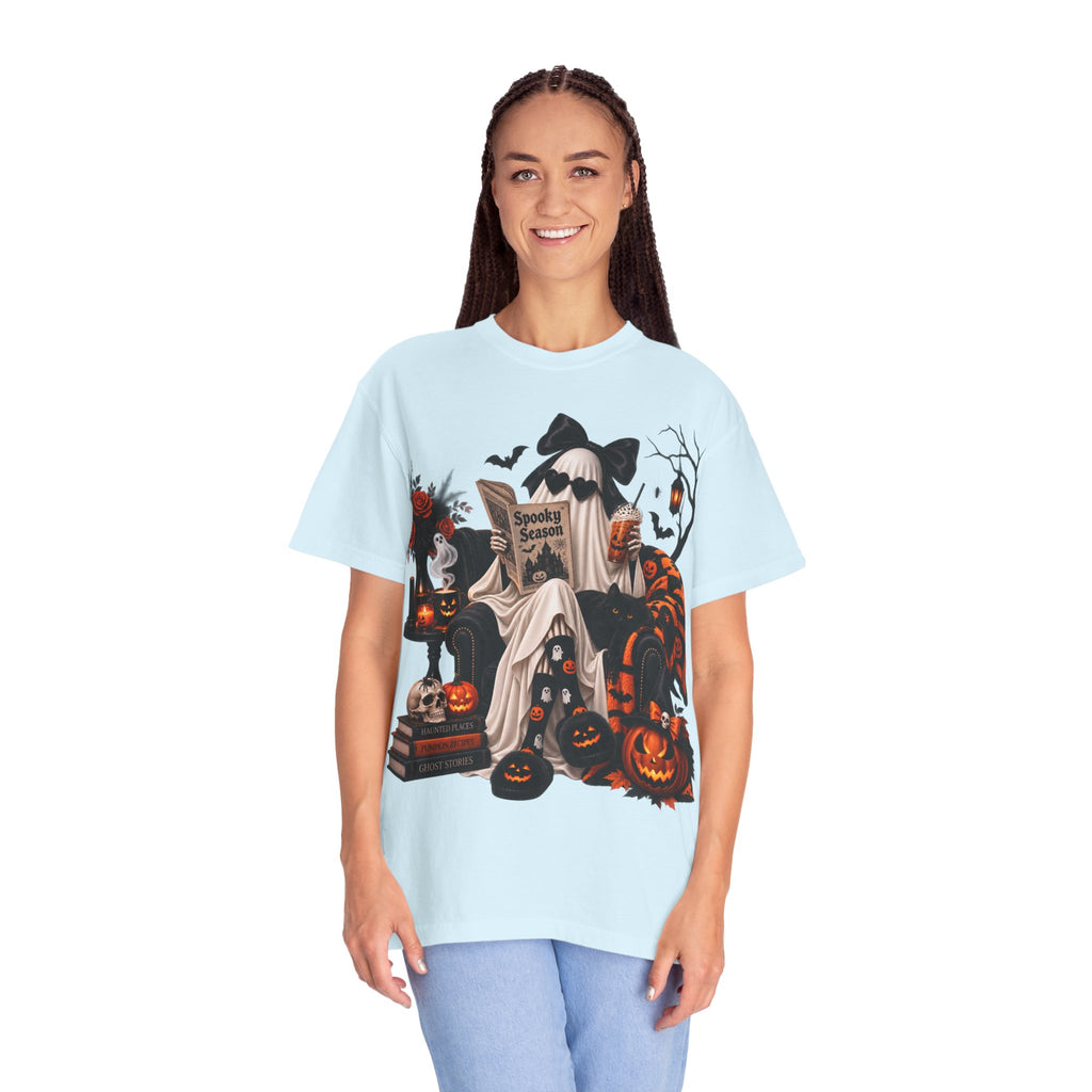 Halloween Ghost Reading T-Shirt — Spooky Pumpkin & 'Spooky Season' Graphic
