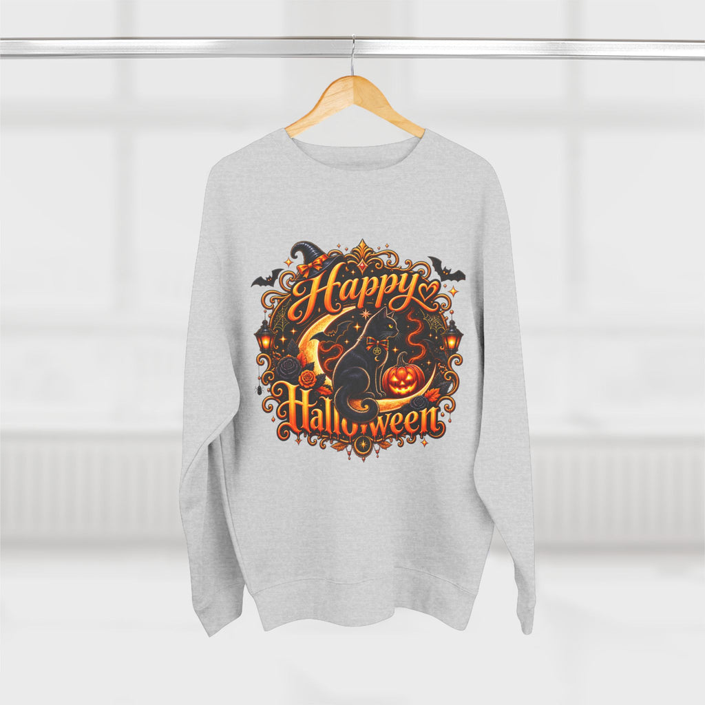 Happy Halloween Crewneck Sweatshirt — Festive Pumpkin & Witch Hat Holiday Sweater
