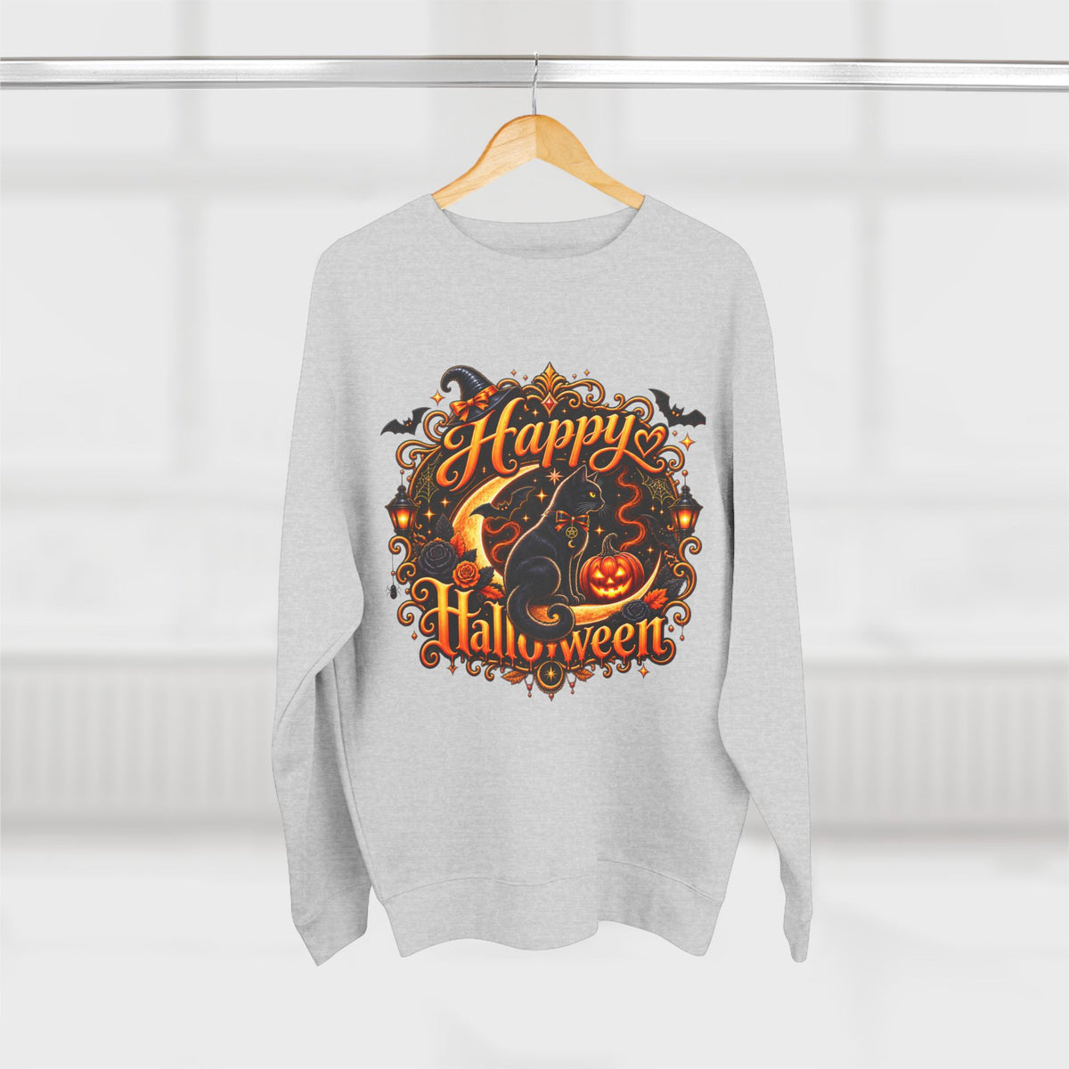 Happy Halloween Crewneck Sweatshirt — Festive Pumpkin & Witch Hat Holiday Sweater
