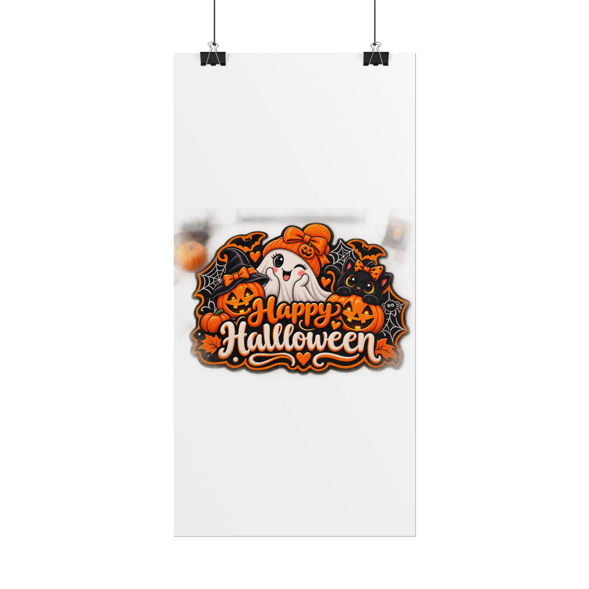 Happy Halloween Rolled Poster — Cute Ghost, Pumpkins & Black Cat Halloween Wall Art