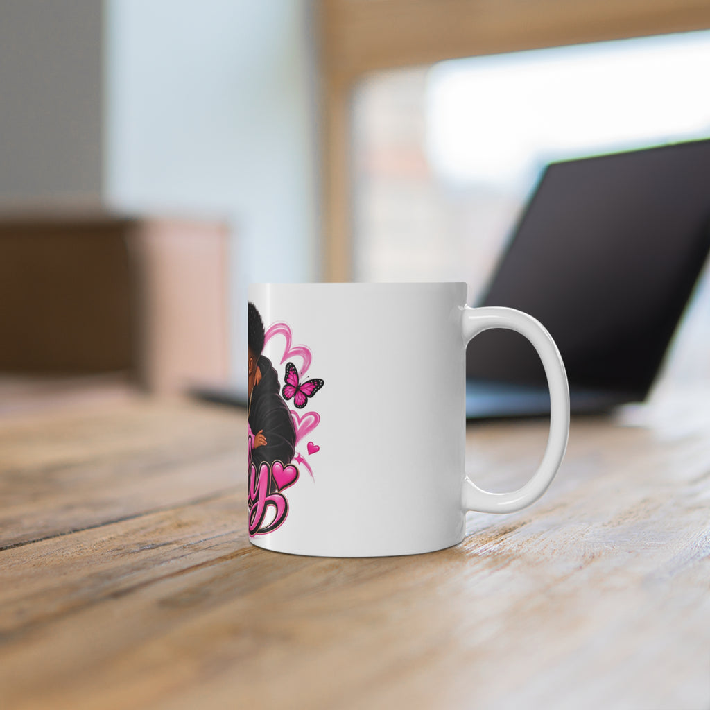 Family Love Mug — Black Family Coffee Cup with Pink Heart & Butterfly Design (11oz)