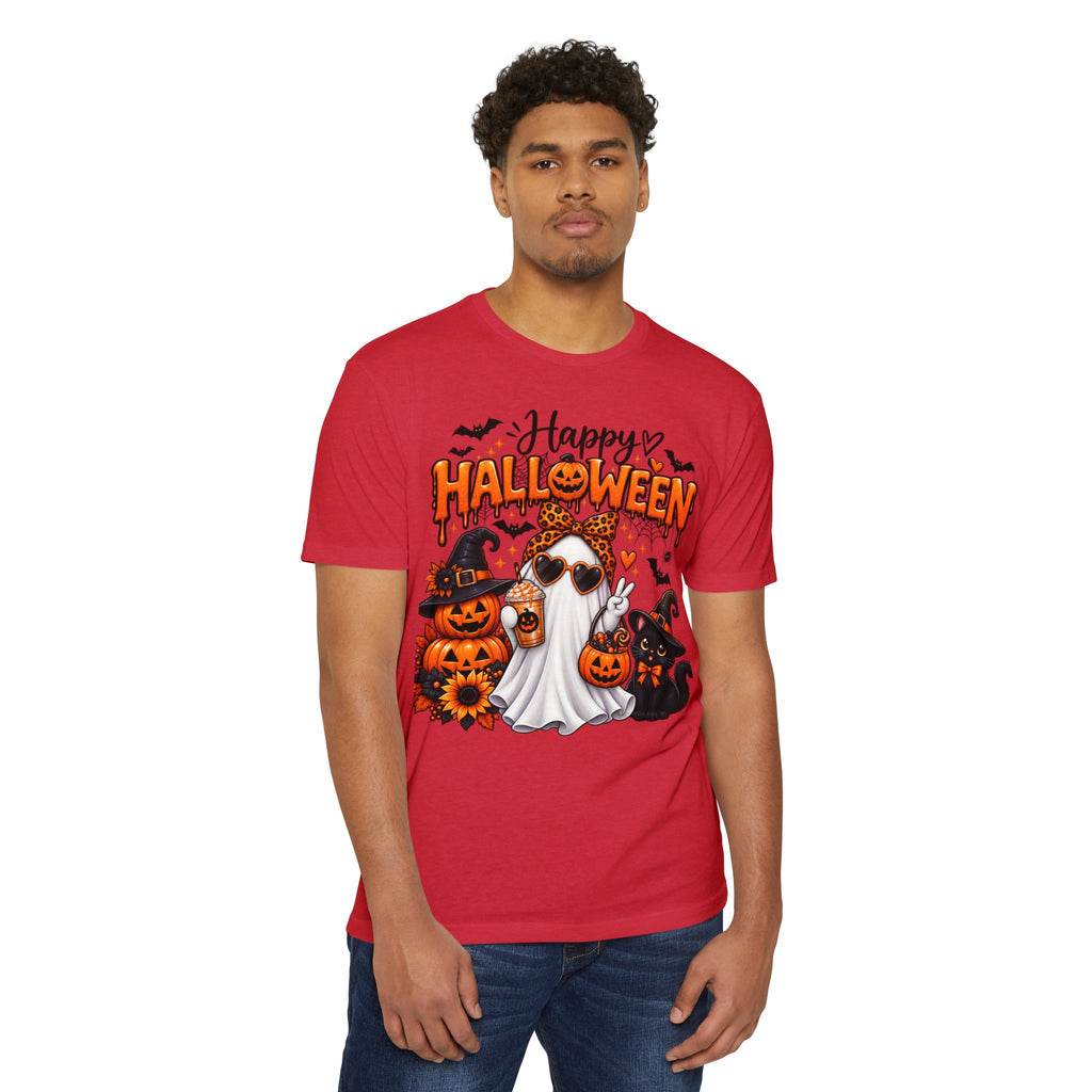 Halloween Ghost Tee - "Happy Halloween" Cute Pumpkin & Black Cat Graphic T-Shirt
