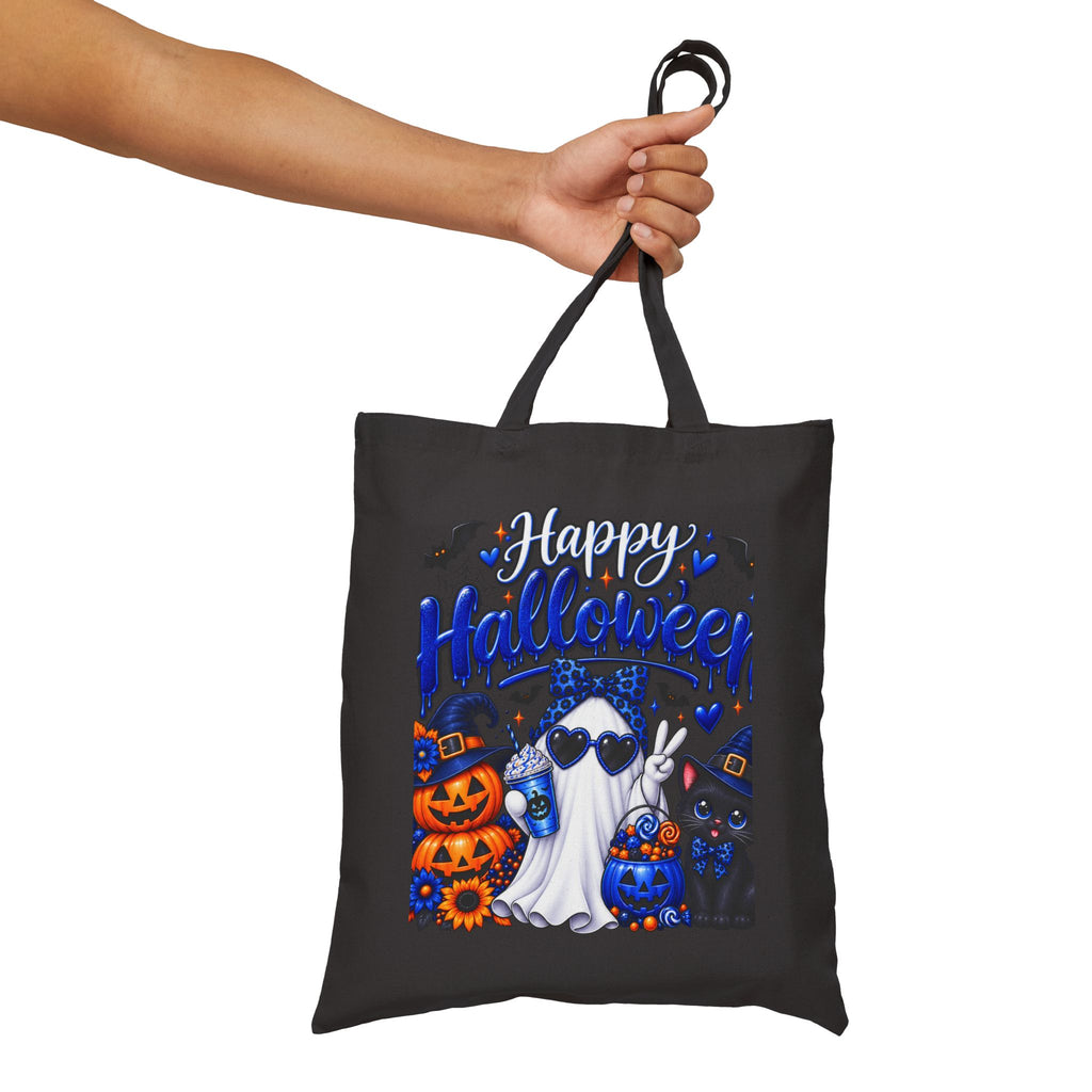Halloween Ghost & Cats Cotton Tote Bag — "Happy Halloween" Trick-or-Treat Canvas Shopper
