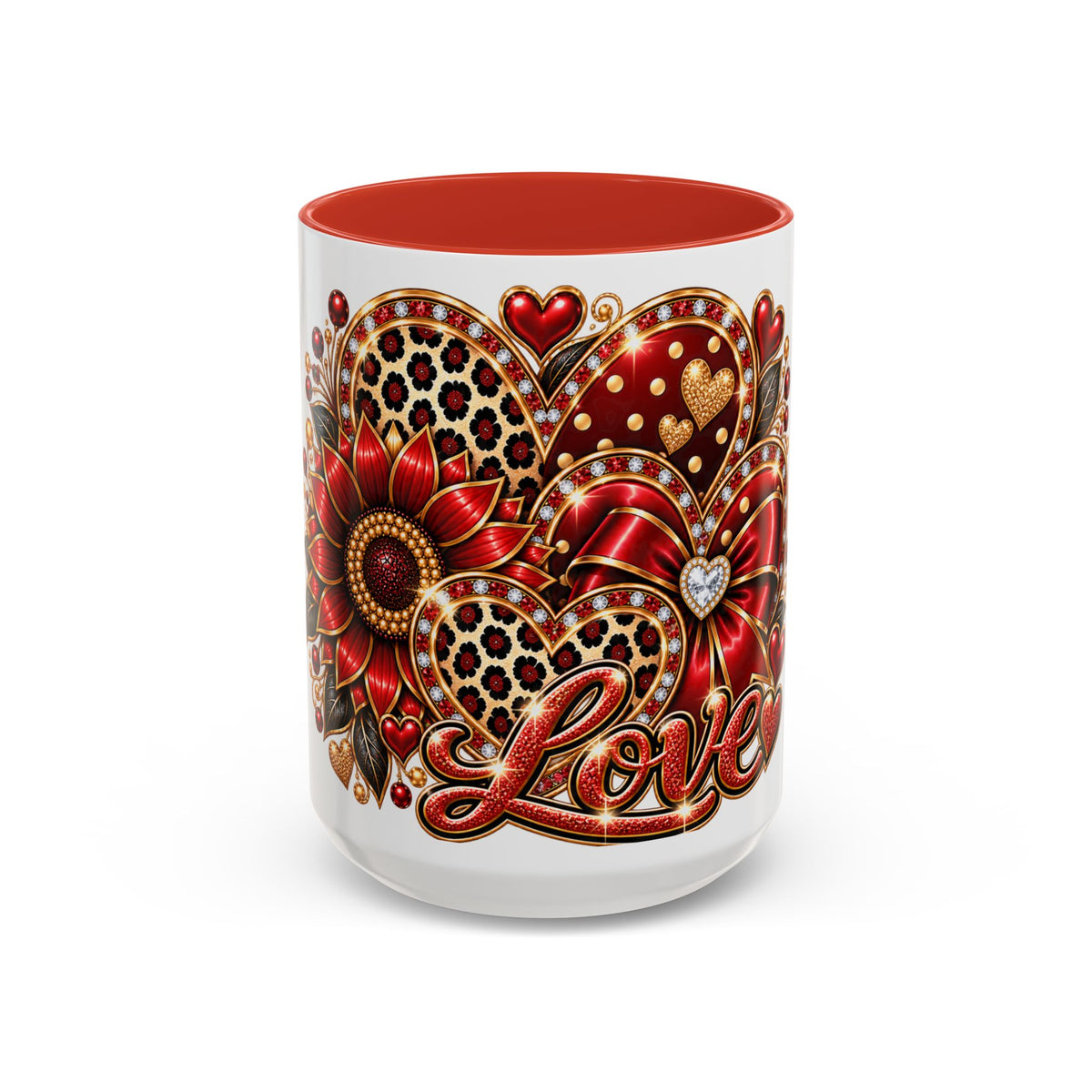 Love Heart Accent Coffee Mug — Red Leopard Floral Valentine Gift (11/15 oz)