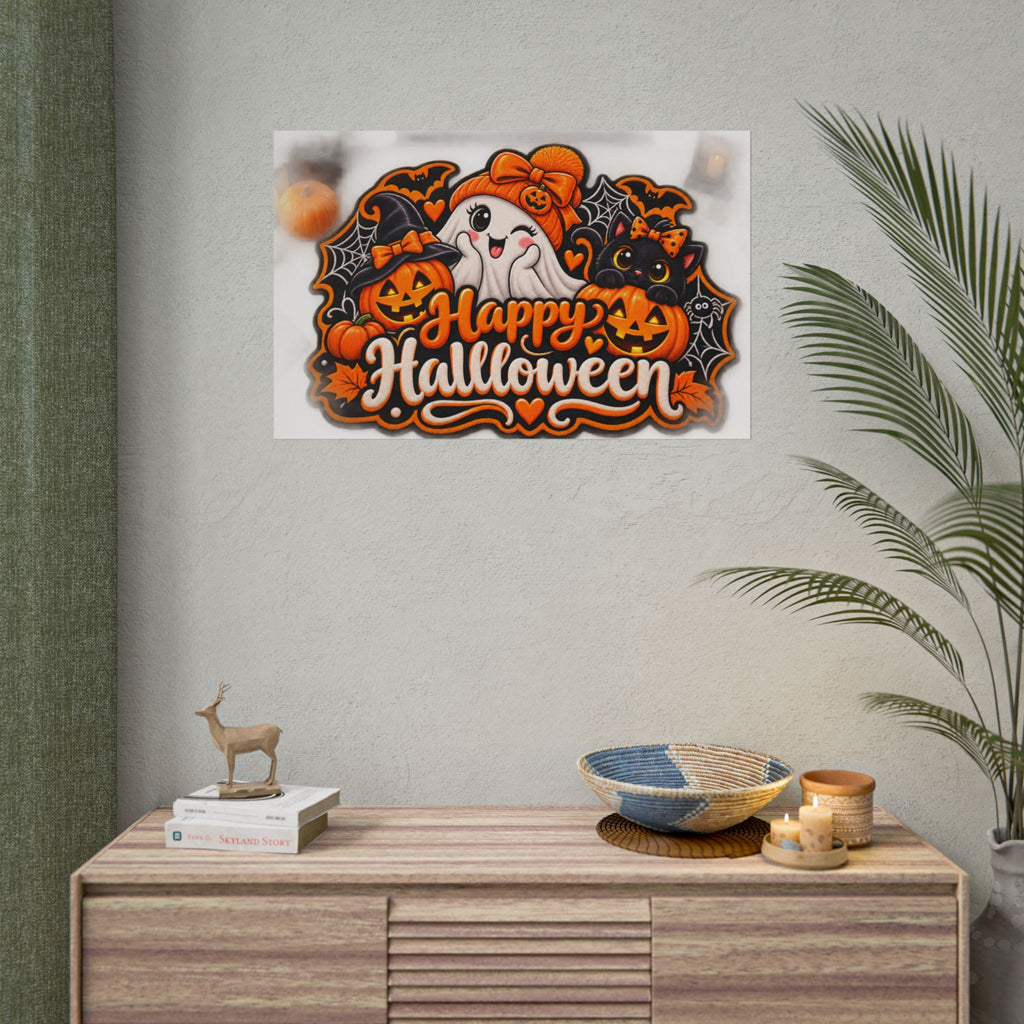Happy Halloween Rolled Poster — Cute Ghost, Pumpkins & Black Cat Halloween Wall Art