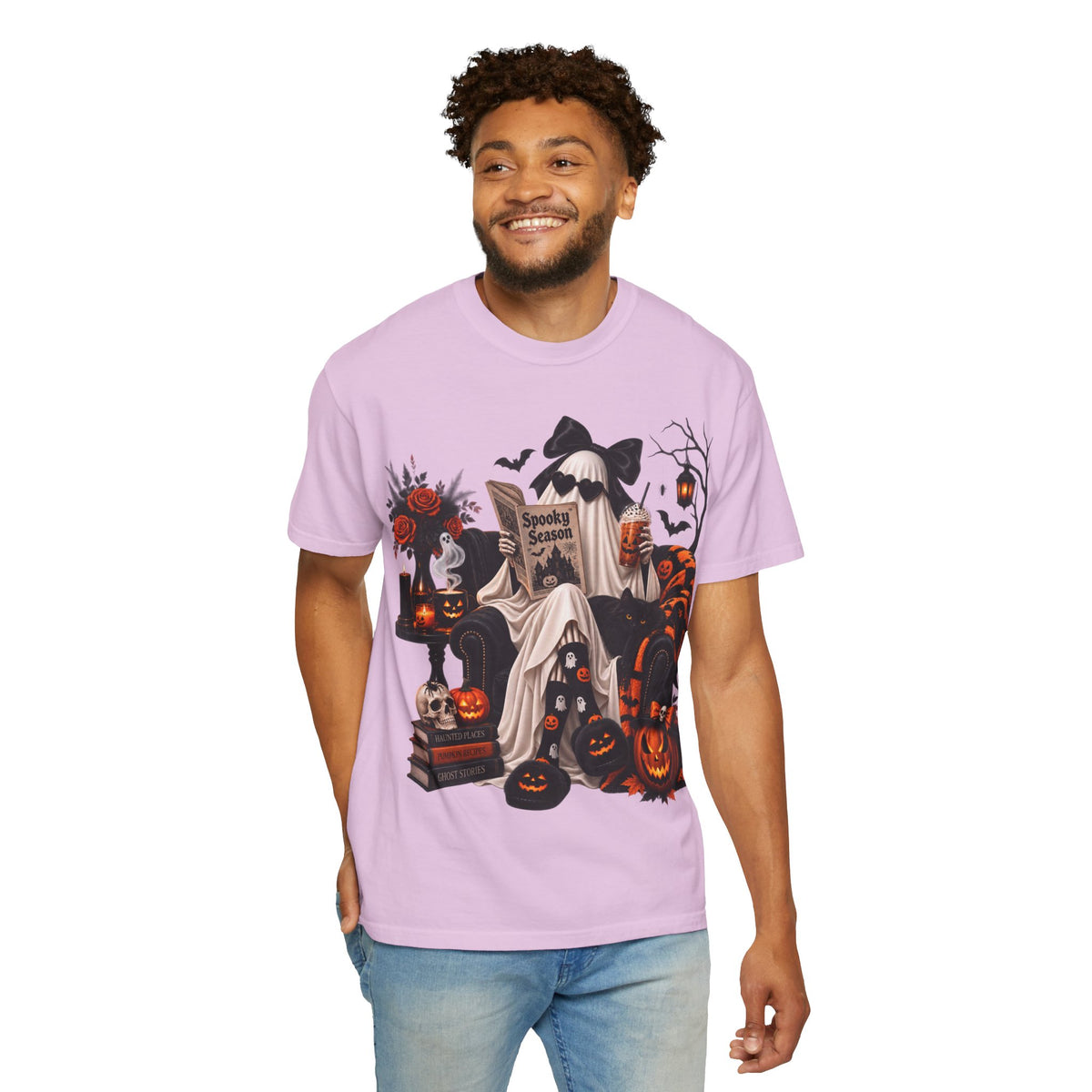 Halloween Ghost Reading T-Shirt — Spooky Pumpkin & 'Spooky Season' Graphic