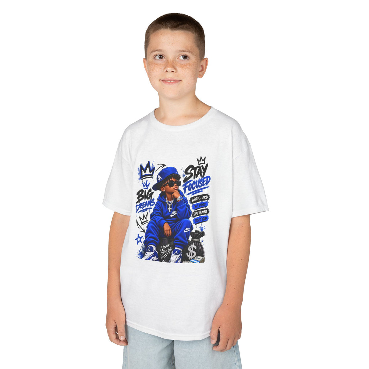 Kids Tee — Blue Streetwear King Graphic (Stay Focused)