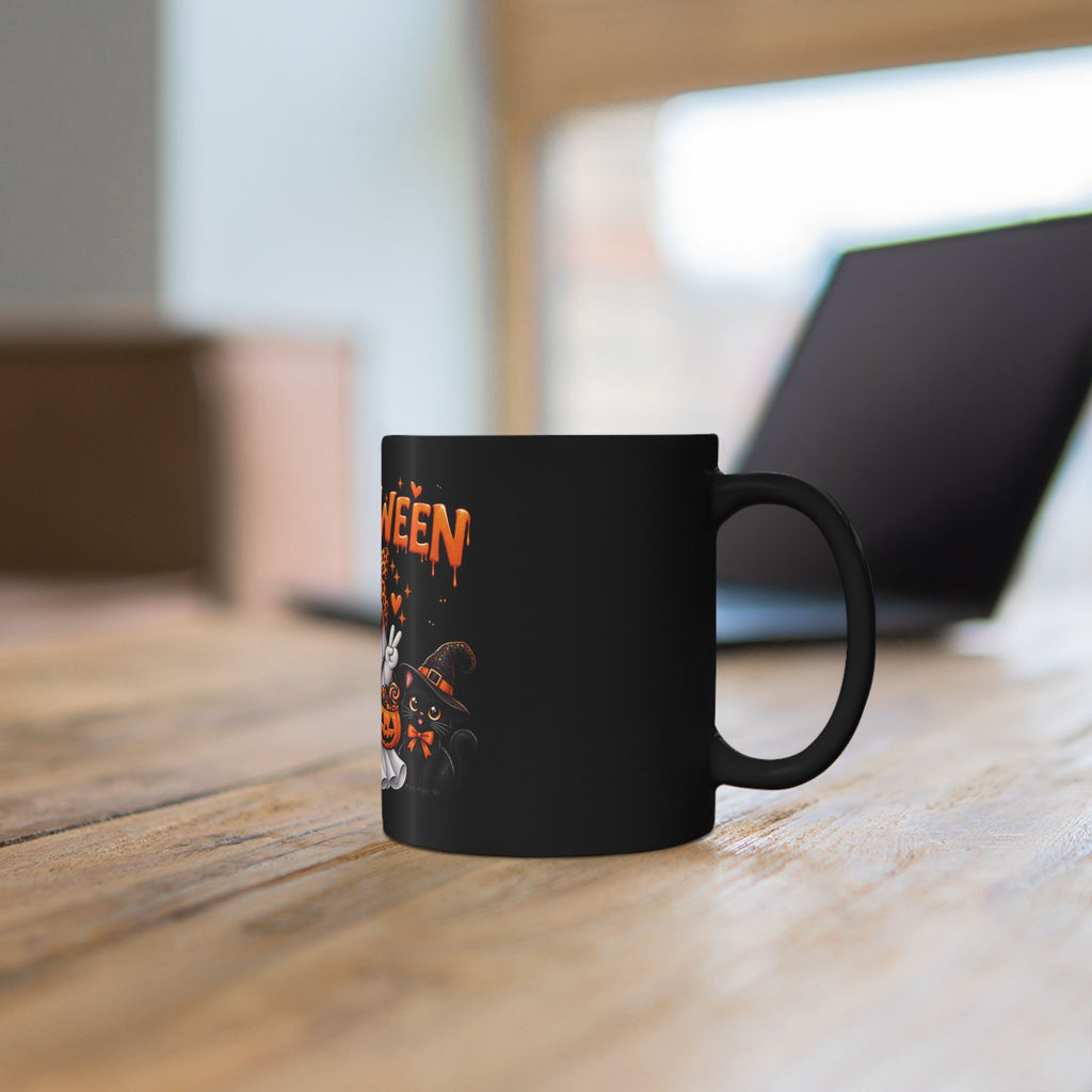 Halloween Ghost & Pumpkins Black Mug – Cute Spooky Coffee Cup (11oz/15oz)