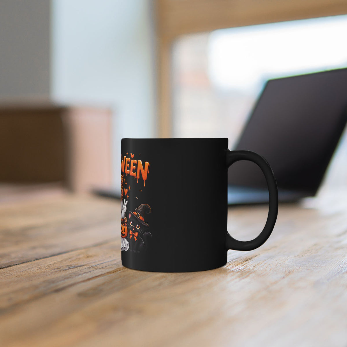 Halloween Ghost & Pumpkins Black Mug – Cute Spooky Coffee Cup (11oz/15oz)