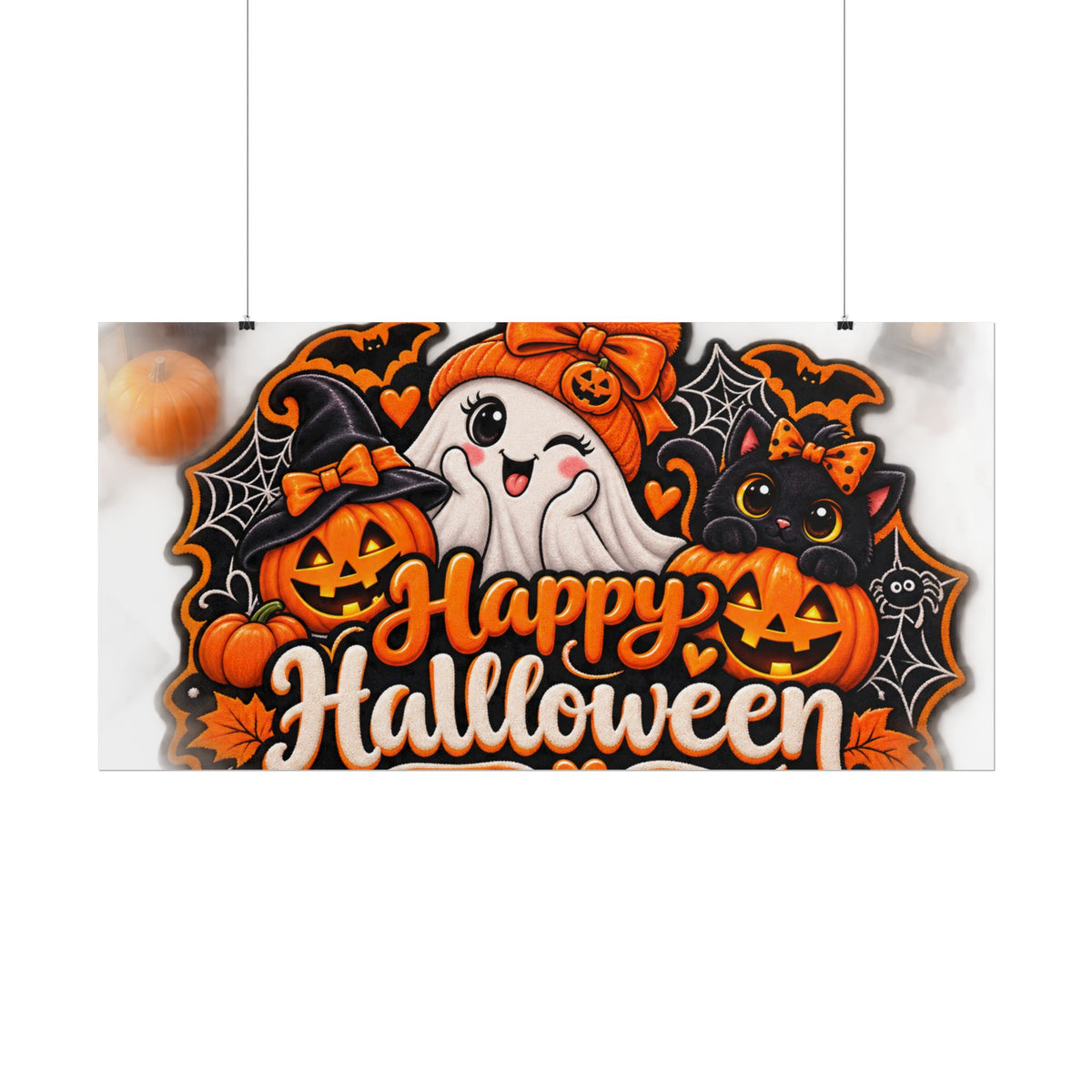 Happy Halloween Rolled Poster — Cute Ghost, Pumpkins & Black Cat Halloween Wall Art