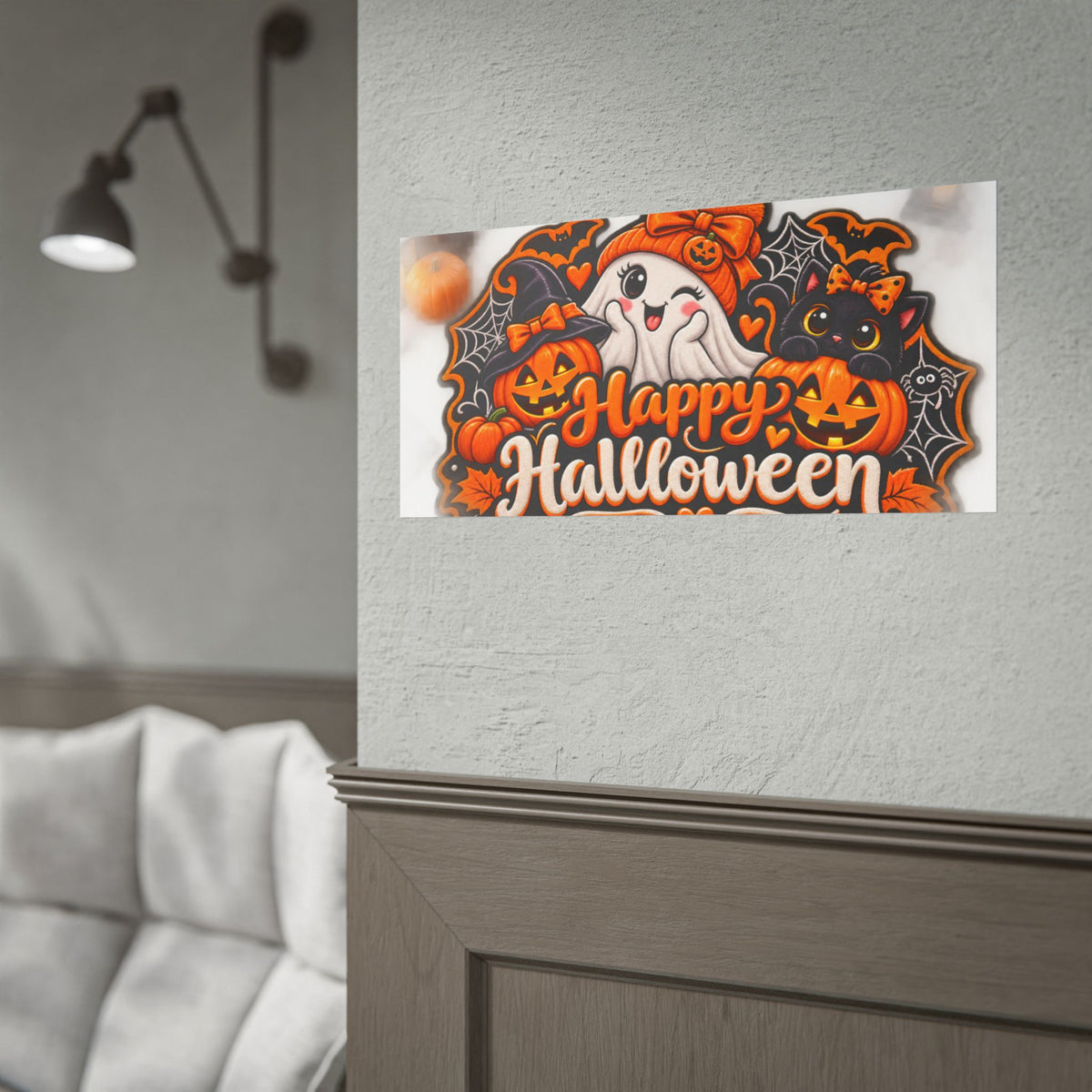 Happy Halloween Rolled Poster — Cute Ghost, Pumpkins & Black Cat Halloween Wall Art