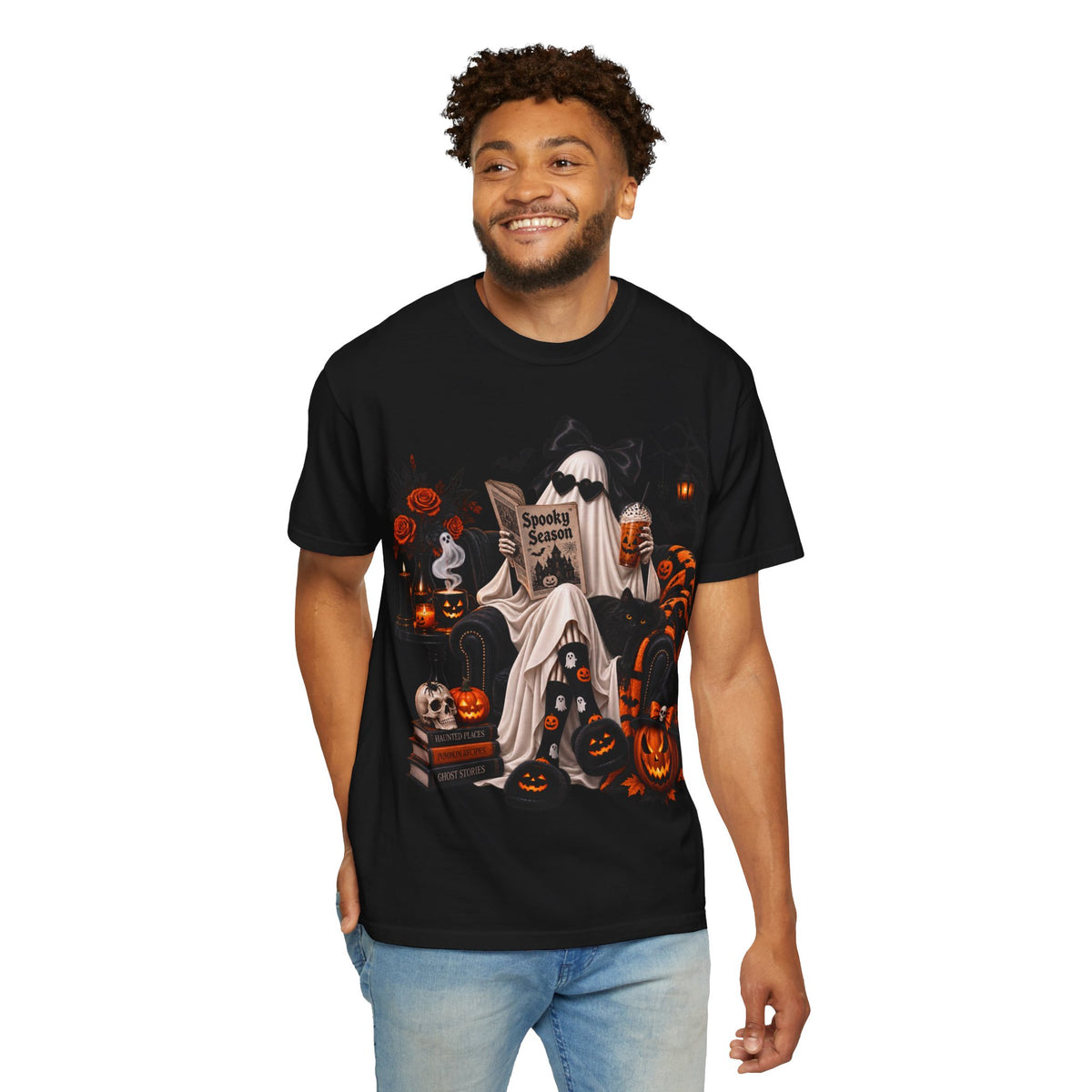 Halloween Ghost Reading T-Shirt — Spooky Pumpkin & 'Spooky Season' Graphic