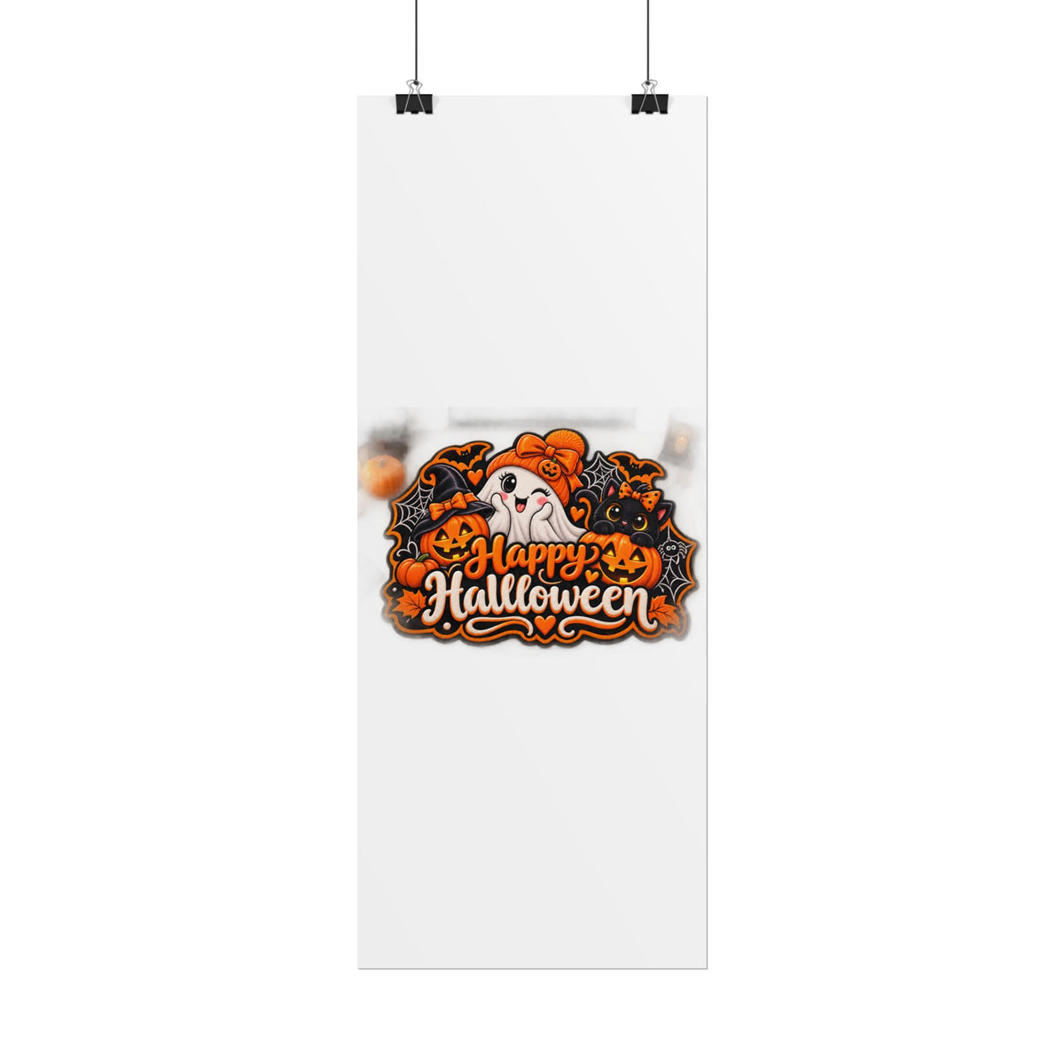 Happy Halloween Rolled Poster — Cute Ghost, Pumpkins & Black Cat Halloween Wall Art
