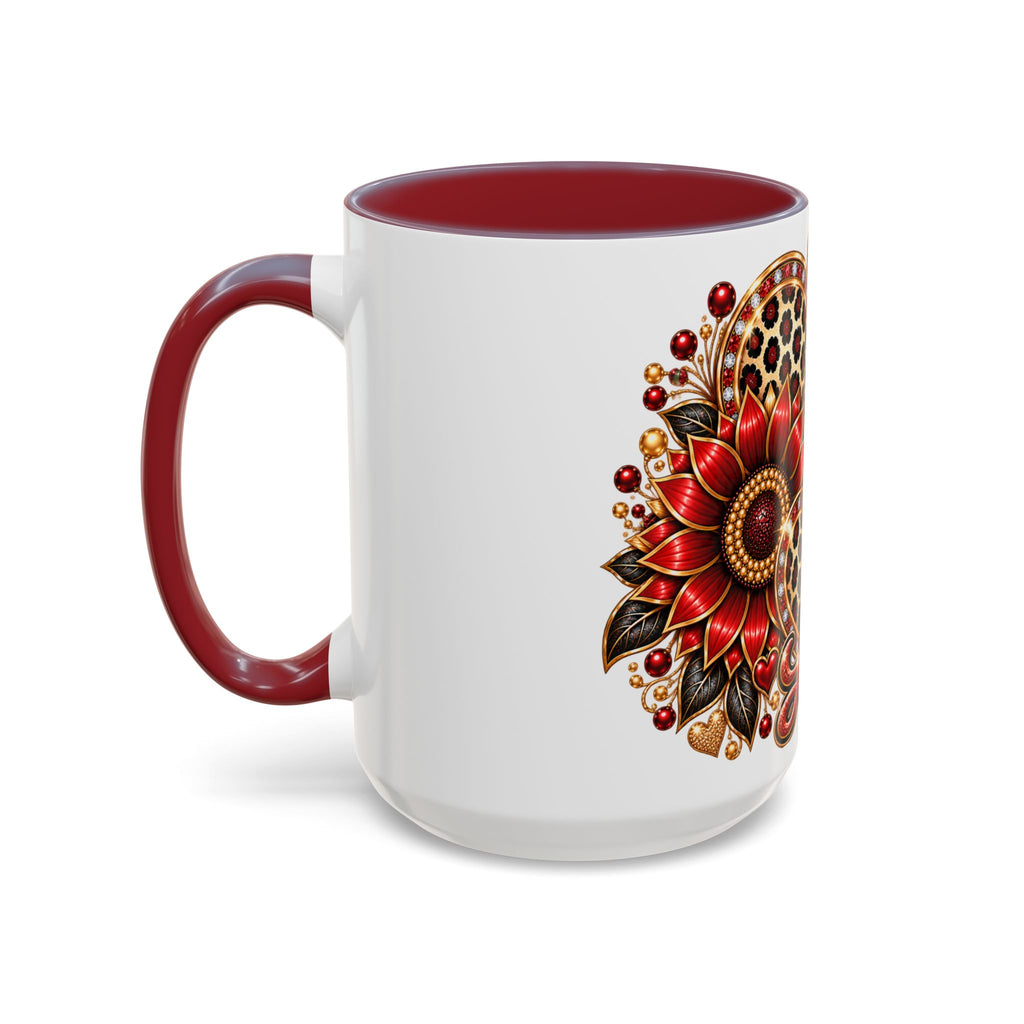 Love Heart Accent Coffee Mug — Red Leopard Floral Valentine Gift (11/15 oz)