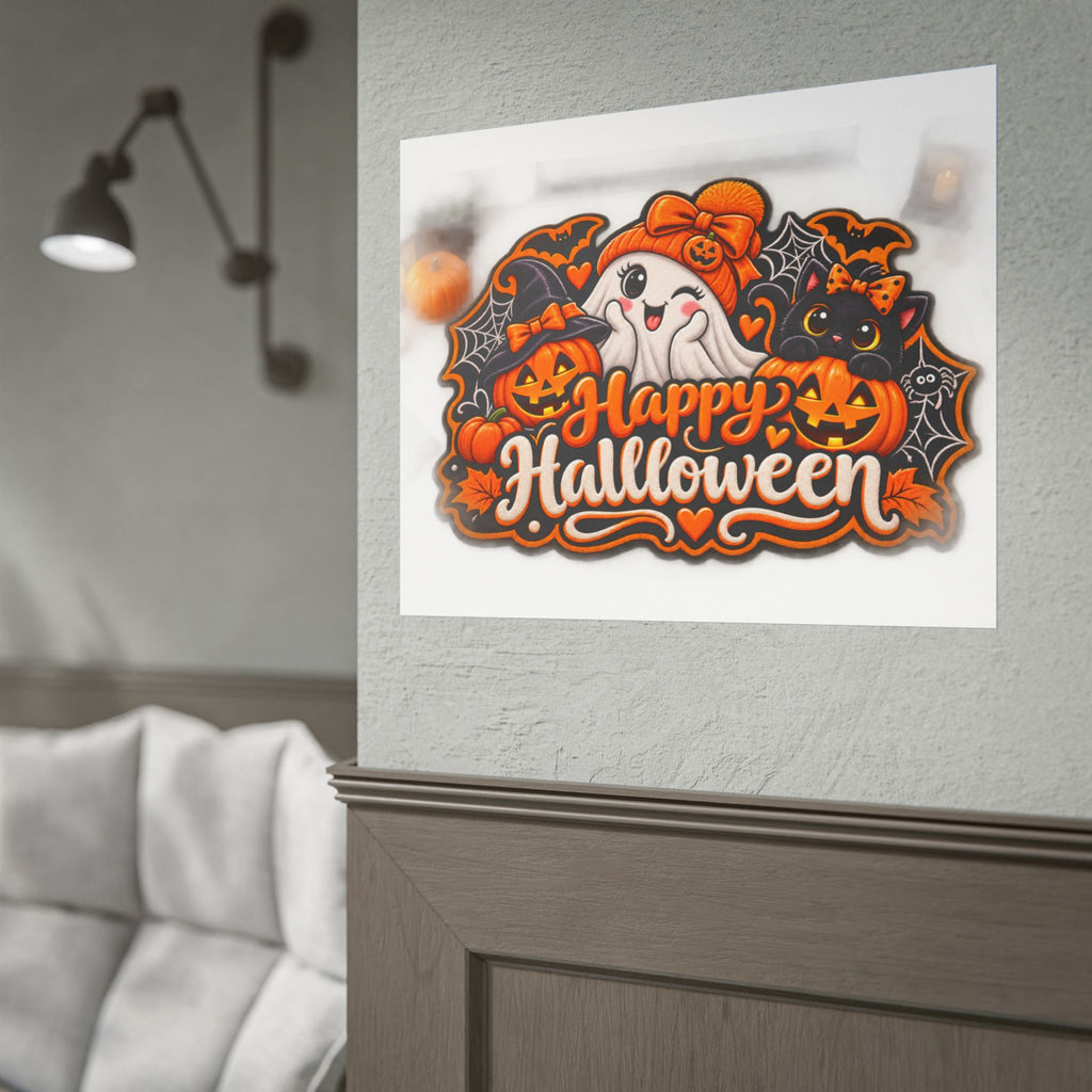 Happy Halloween Rolled Poster — Cute Ghost, Pumpkins & Black Cat Halloween Wall Art