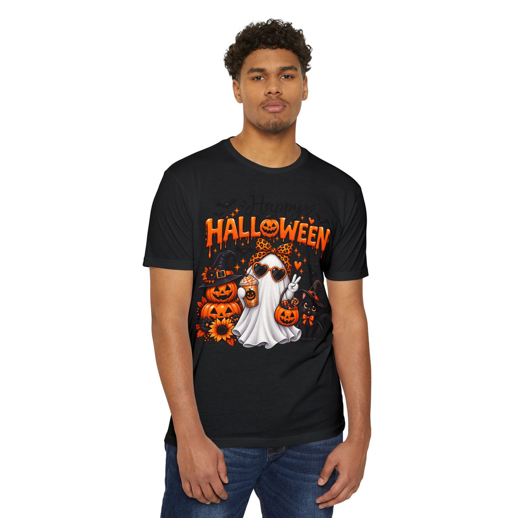 Halloween Ghost Tee - "Happy Halloween" Cute Pumpkin & Black Cat Graphic T-Shirt