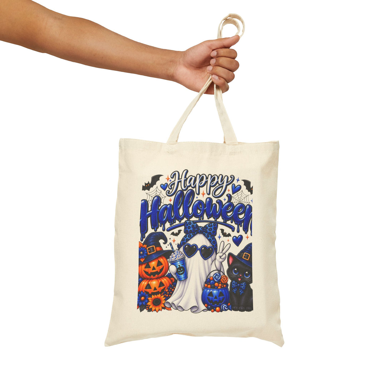 Halloween Ghost & Cats Cotton Tote Bag — "Happy Halloween" Trick-or-Treat Canvas Shopper
