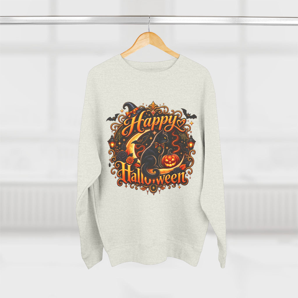 Happy Halloween Crewneck Sweatshirt — Festive Pumpkin & Witch Hat Holiday Sweater