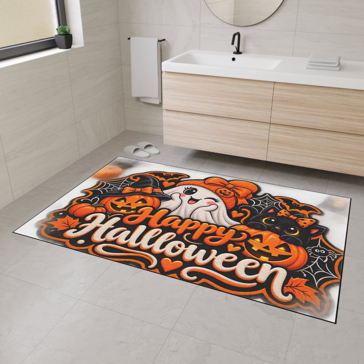 Halloween Doormat - Happy Halloween Cute Ghost & Black Cat Heavy Duty Floor Mat