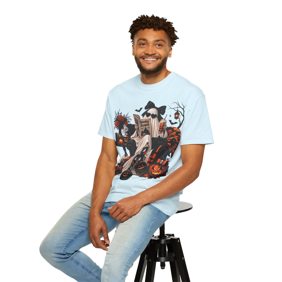 Halloween Ghost Reading T-Shirt — Spooky Pumpkin & 'Spooky Season' Graphic