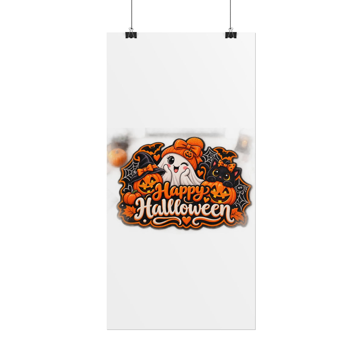Happy Halloween Rolled Poster — Cute Ghost, Pumpkins & Black Cat Halloween Wall Art