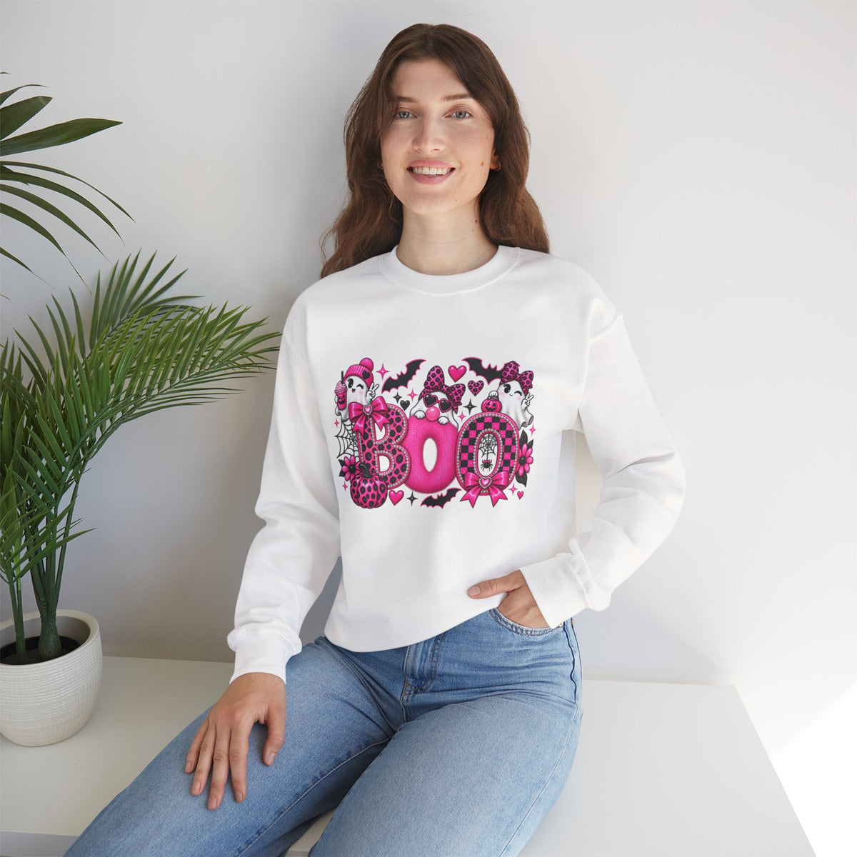 Halloween 'Boo' Graphic Sweatshirt — Cute Pink Ghosts & Bats Cozy Pullover