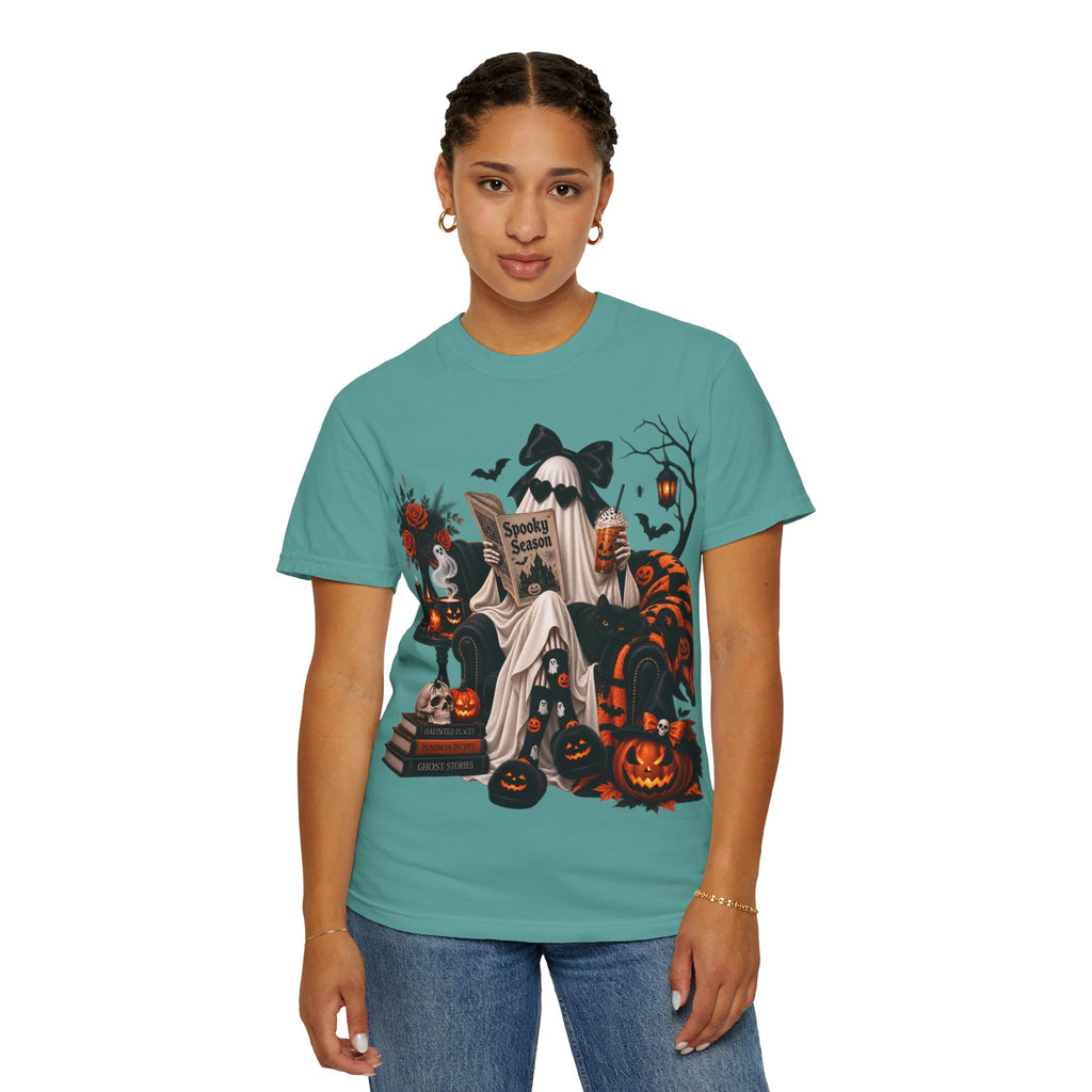 Halloween Ghost Reading T-Shirt — Spooky Pumpkin & 'Spooky Season' Graphic
