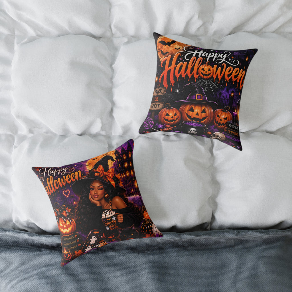 Halloween Pumpkin Pillow - "Happy Halloween" Square Decorative Throw Pillow