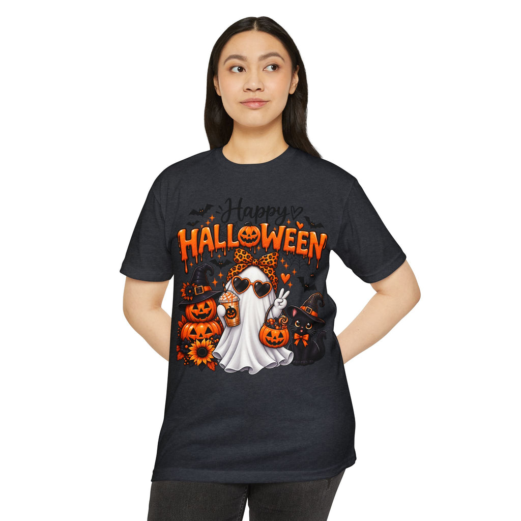 Halloween Ghost Tee - "Happy Halloween" Cute Pumpkin & Black Cat Graphic T-Shirt