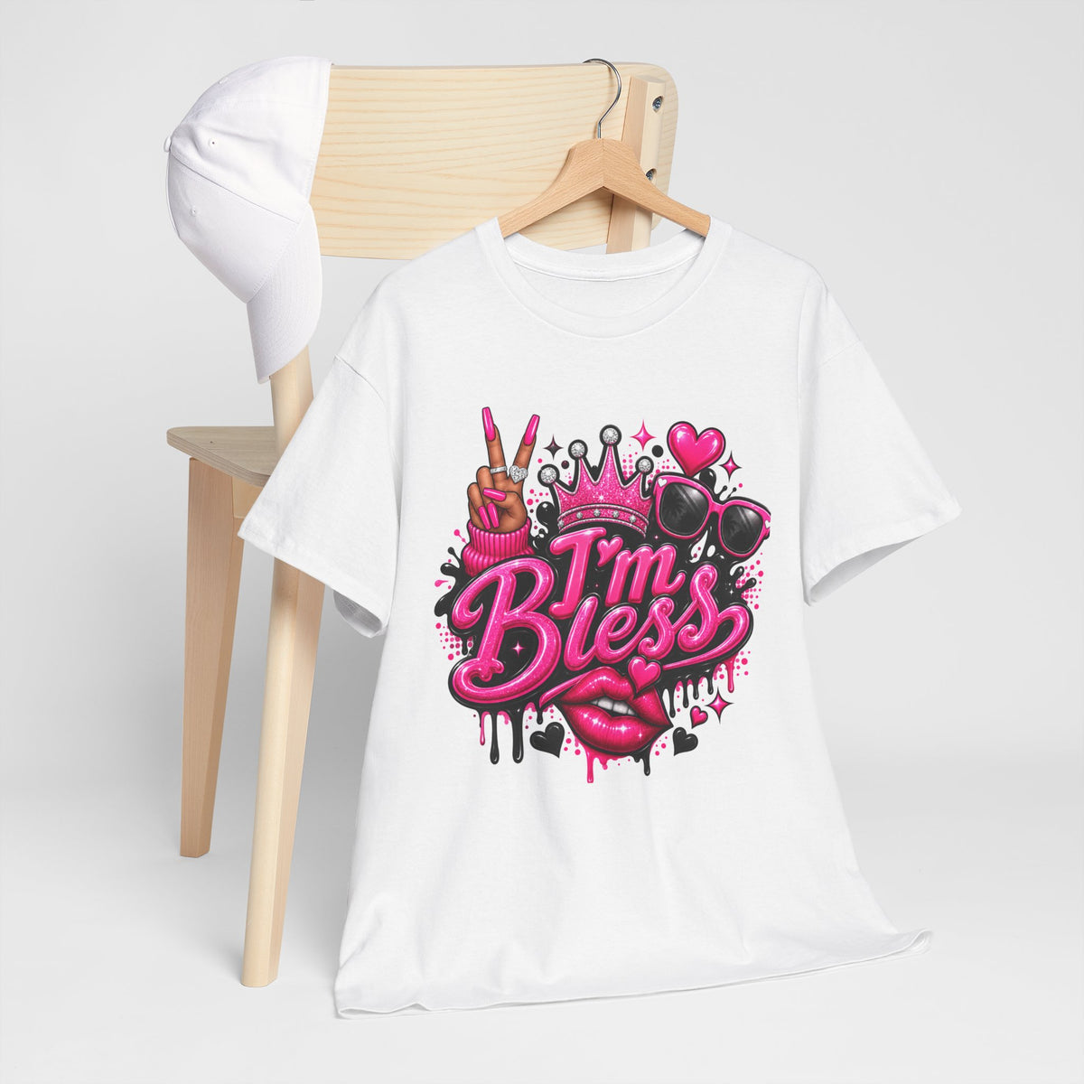 I’m Bless Graphic Tee — Pink Crown, Peace Sign & Lip Streetwear Shirt