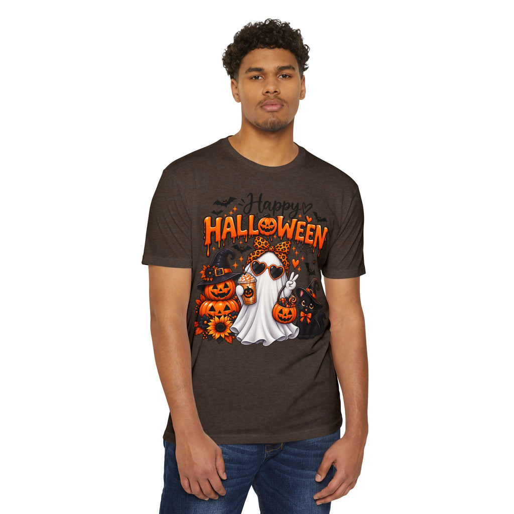 Halloween Ghost Tee - "Happy Halloween" Cute Pumpkin & Black Cat Graphic T-Shirt