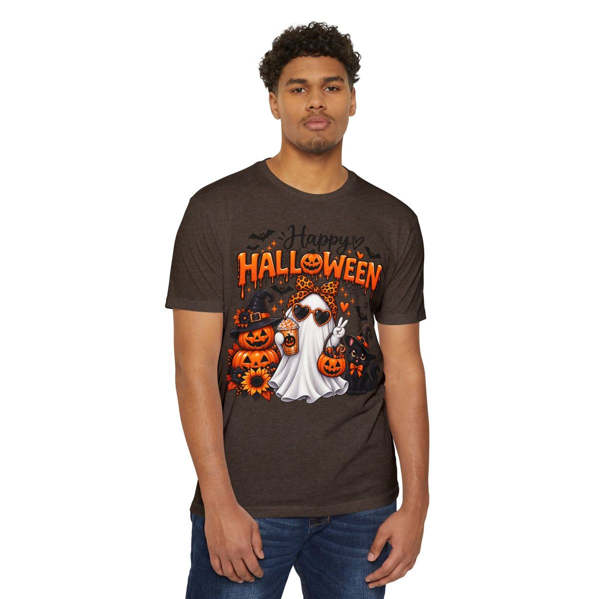 Halloween Ghost Tee - "Happy Halloween" Cute Pumpkin & Black Cat Graphic T-Shirt