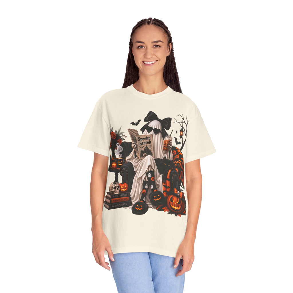 Halloween Ghost Reading T-Shirt — Spooky Pumpkin & 'Spooky Season' Graphic