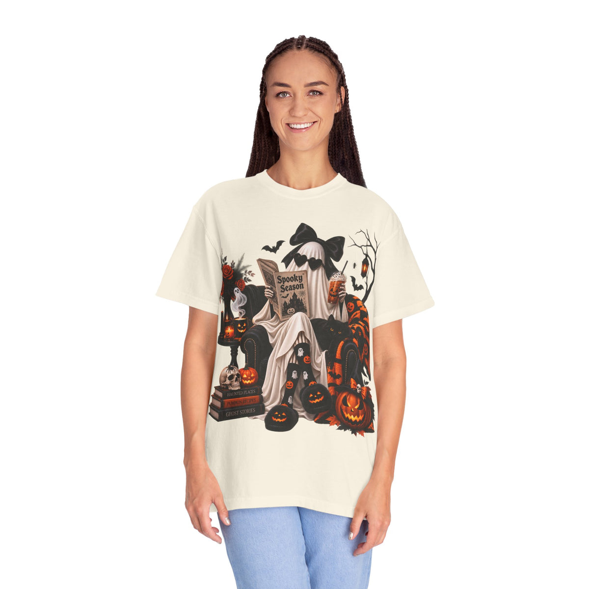 Halloween Ghost Reading T-Shirt — Spooky Pumpkin & 'Spooky Season' Graphic