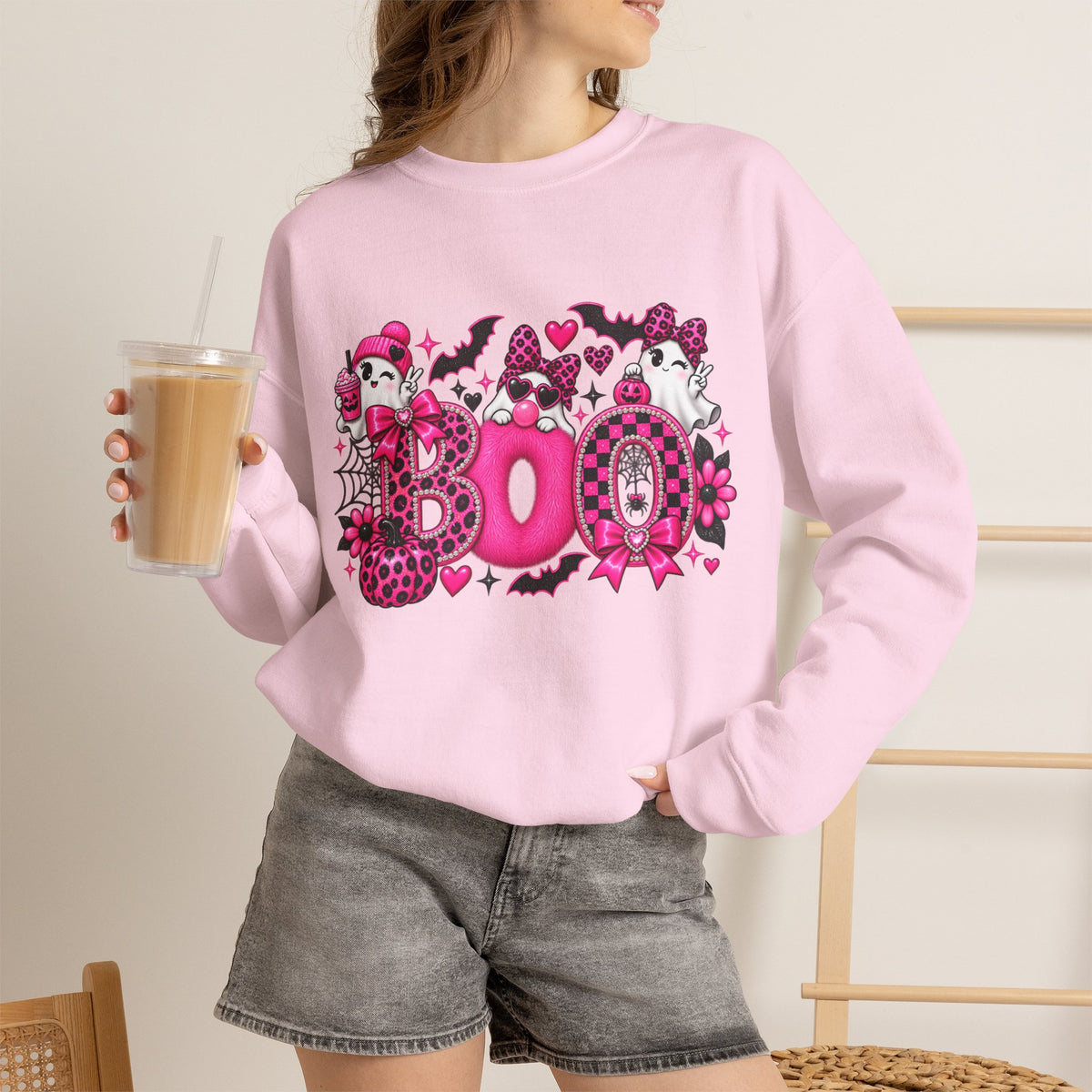 Halloween 'Boo' Graphic Sweatshirt — Cute Pink Ghosts & Bats Cozy Pullover