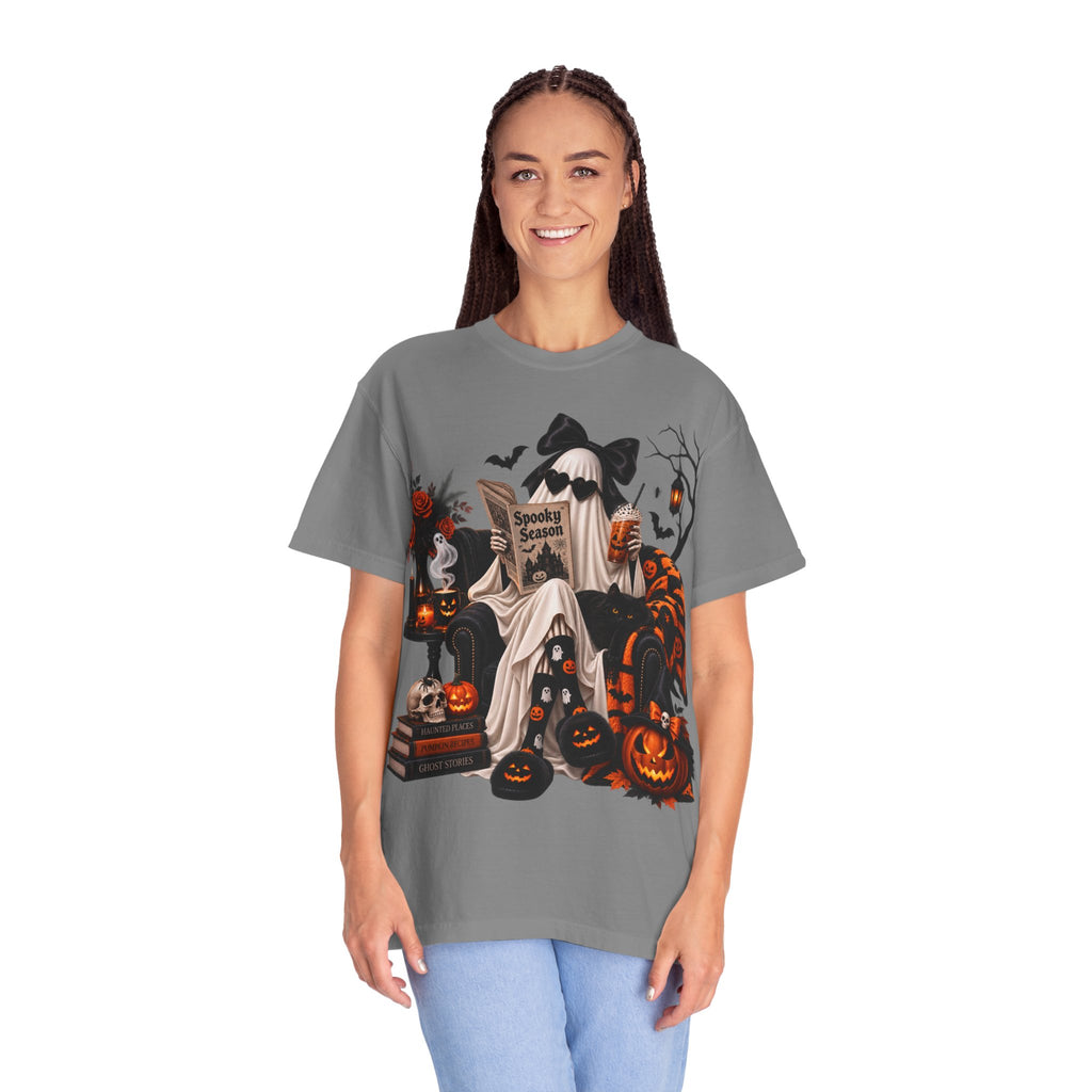 Halloween Ghost Reading T-Shirt — Spooky Pumpkin & 'Spooky Season' Graphic