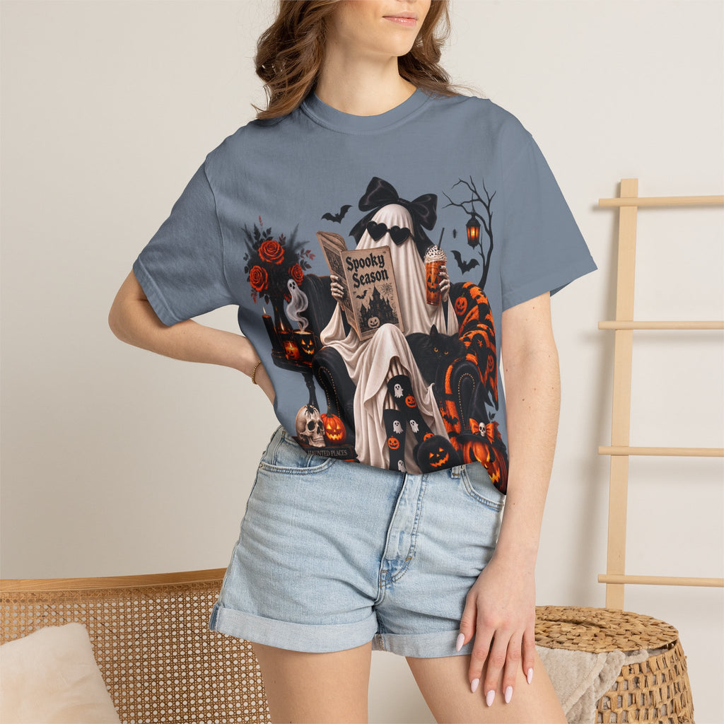 Halloween Ghost Reading T-Shirt — Spooky Pumpkin & 'Spooky Season' Graphic
