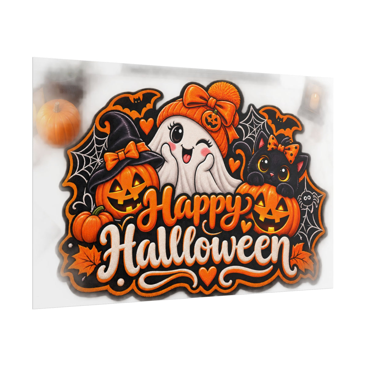 Happy Halloween Rolled Poster — Cute Ghost, Pumpkins & Black Cat Halloween Wall Art