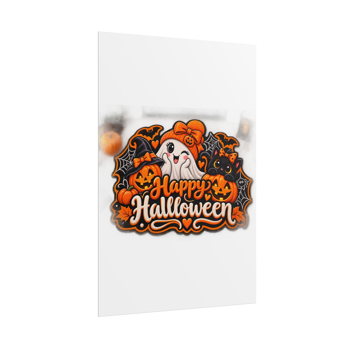 Happy Halloween Rolled Poster — Cute Ghost, Pumpkins & Black Cat Halloween Wall Art