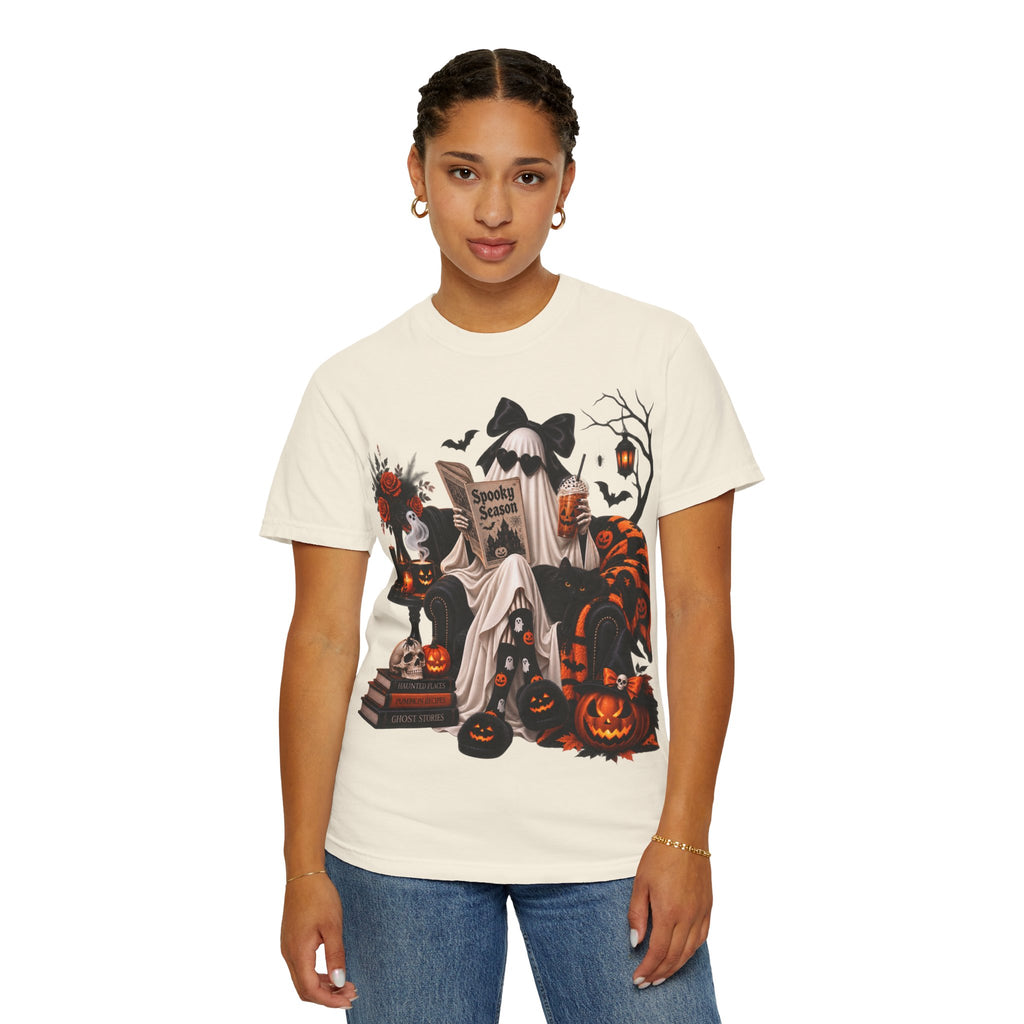 Halloween Ghost Reading T-Shirt — Spooky Pumpkin & 'Spooky Season' Graphic